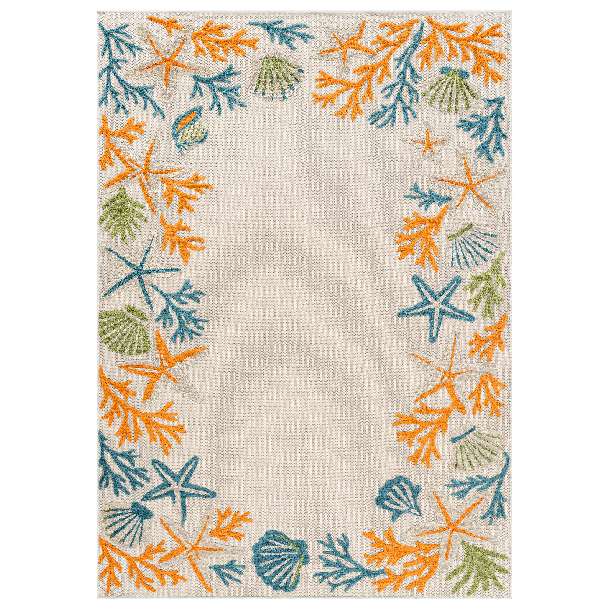 World Rug Gallery Indoor/Outdoor High-Low Textured Area Rug, Coastal Border Ivory/Multi