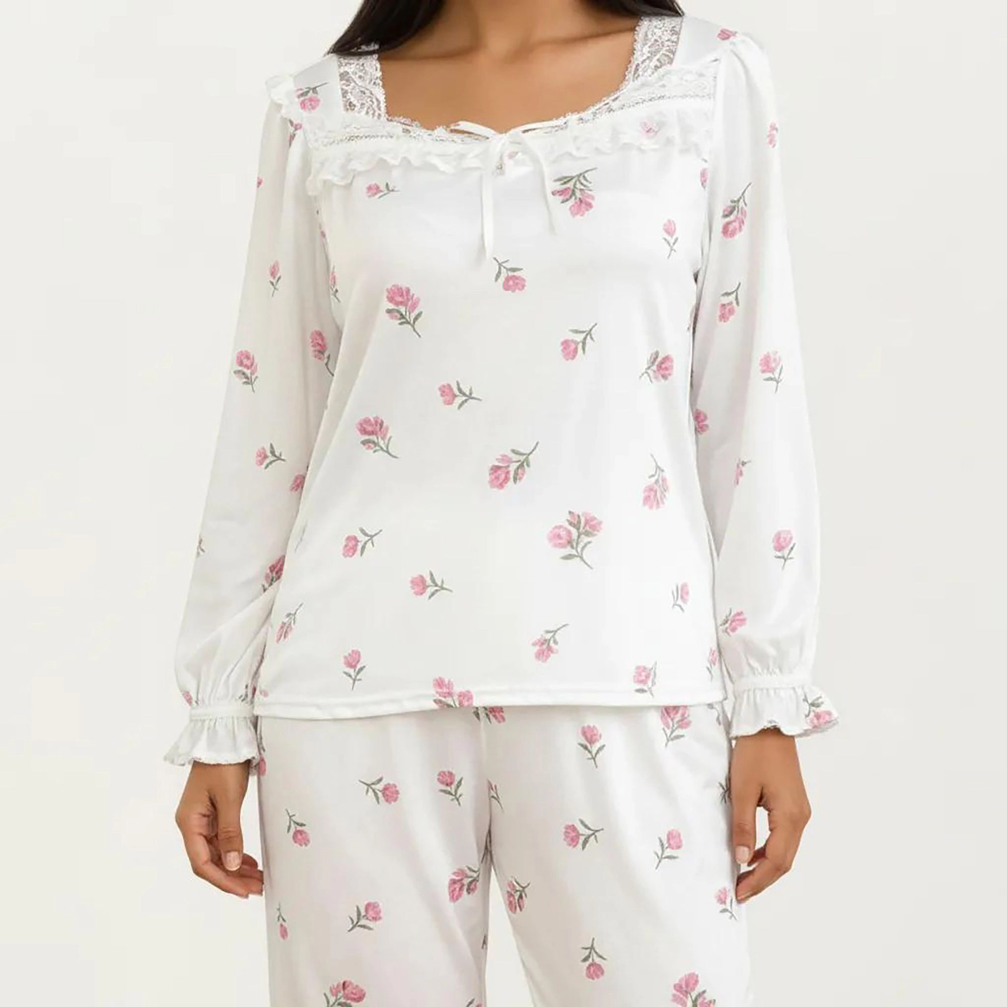 Anna-Kaci Women's 2-Piece Pajama Top with Lace Trim Tie Neck Detail and Relaxed Fit Pants Printed Sleepwear Set