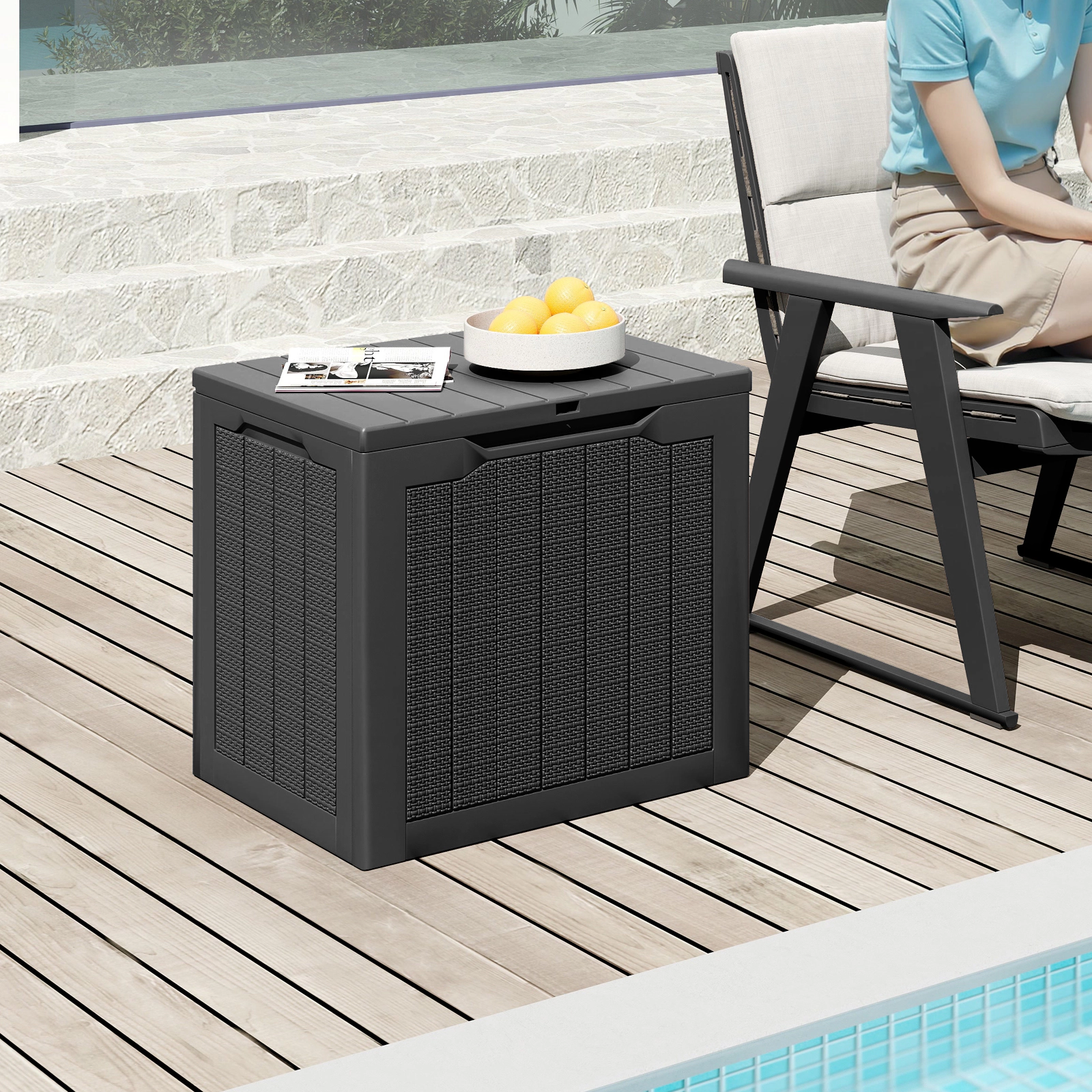SUGIFT 25-Gal 330-lb Capacity Lockable Black Wicker Small Deck Box Outdoor Storage Container with Lid