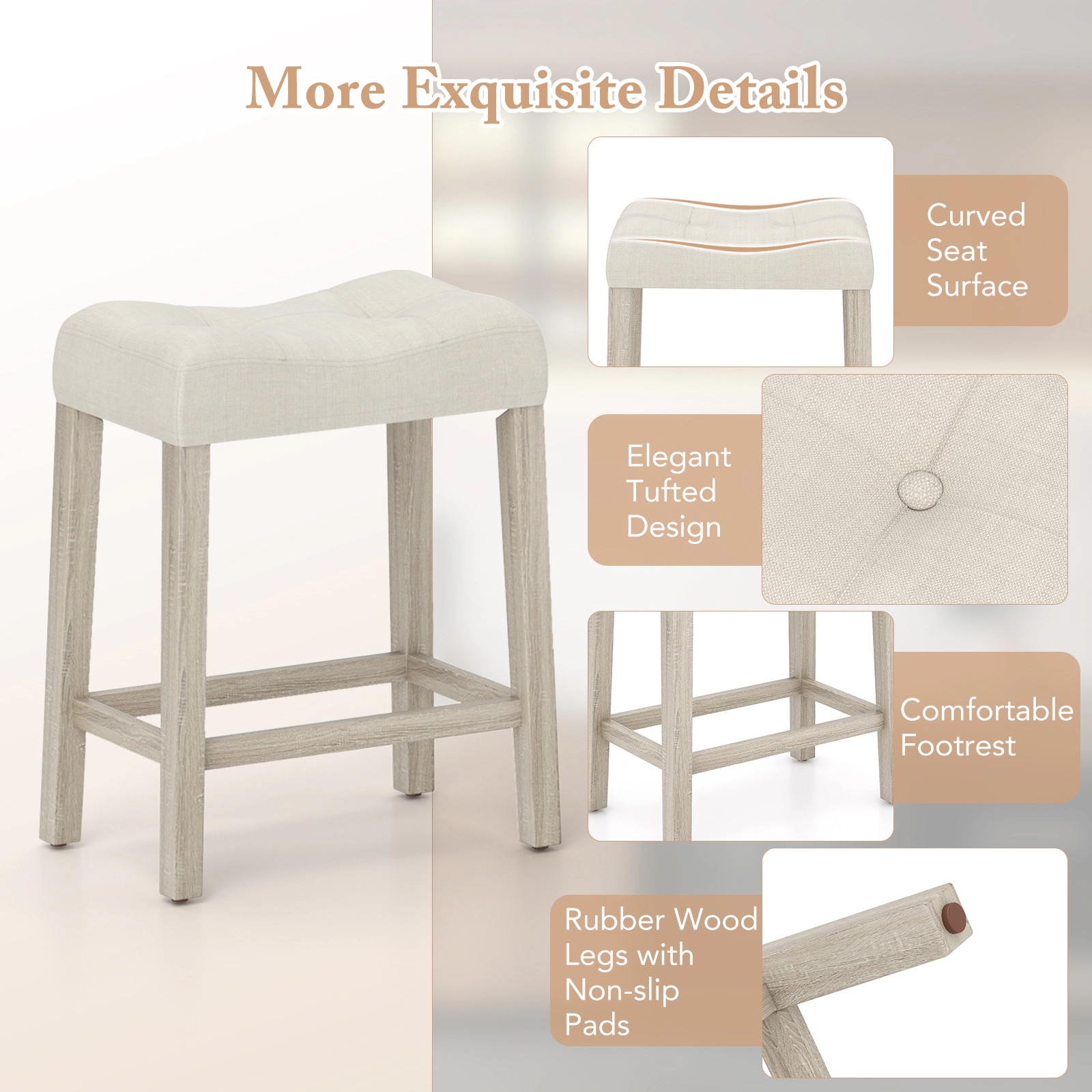 Glintex 4-Piece 24-Inch Curved Saddle Counter Stool Set with 4.5-Inch Cushion