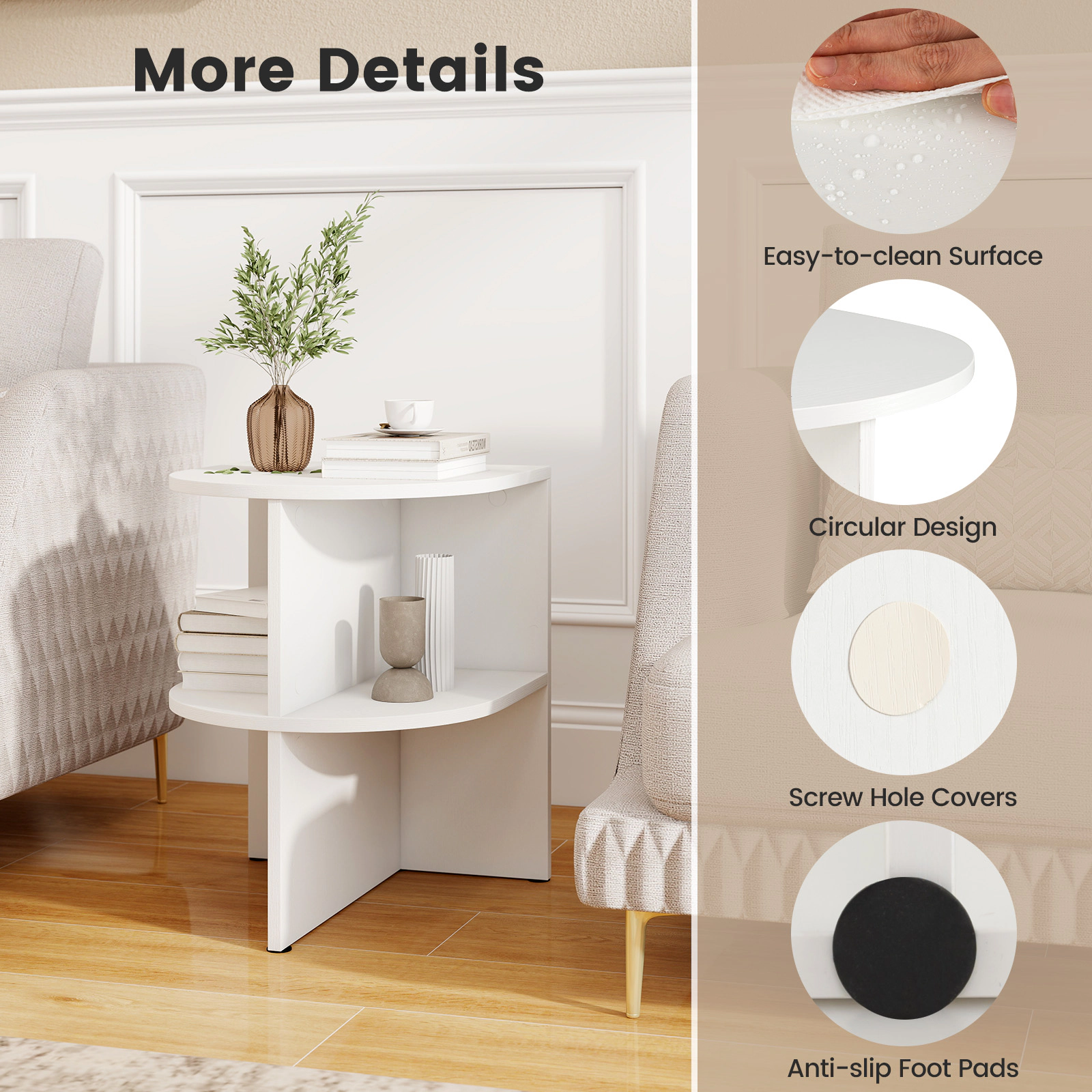 Glintex Half-Round End Table with 2 Open Shelves and Screw Hole Covers, White