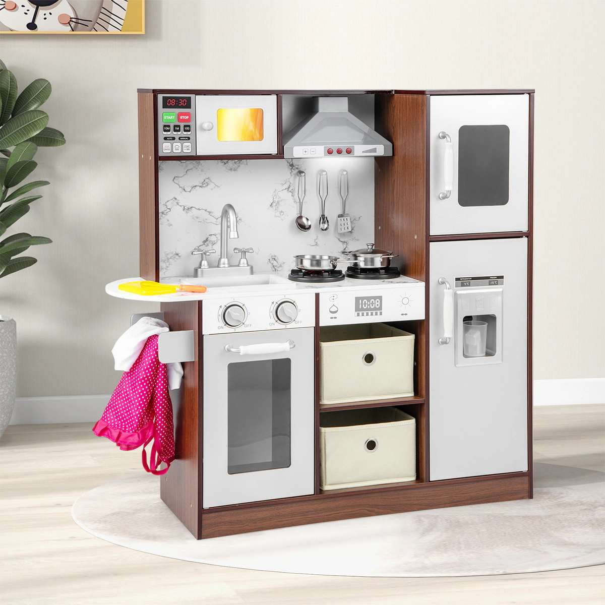 SUGIFT Kids Modern Toy Kitchen Playset with Attractive Lights and Sounds 35.5 x 11.5 x 35.5 in Ages 3+ Coffee
