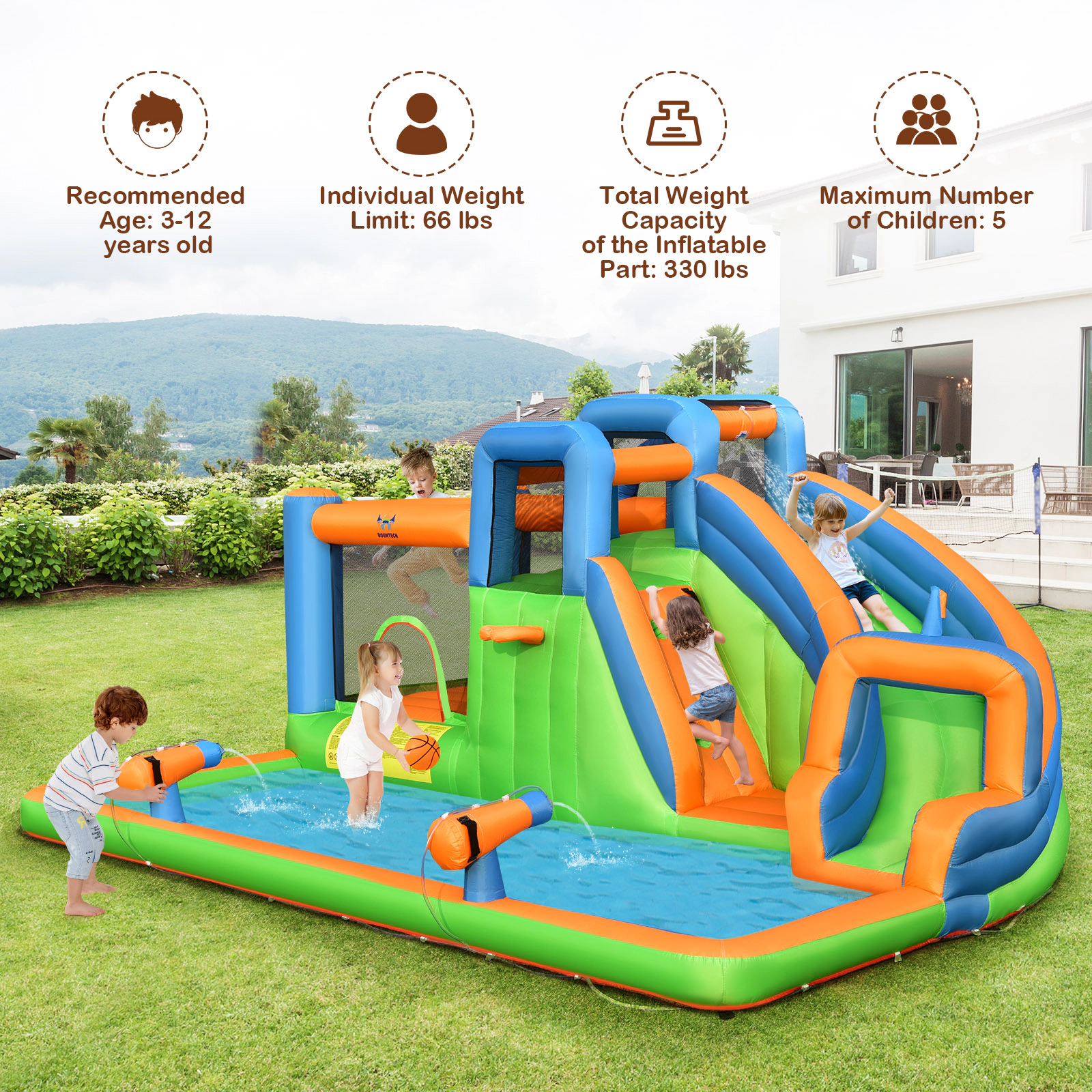 LJG Kids 7-in-1 Inflatable Giant Water Park Bouncer with Dual Climbing Walls and 735W Blower