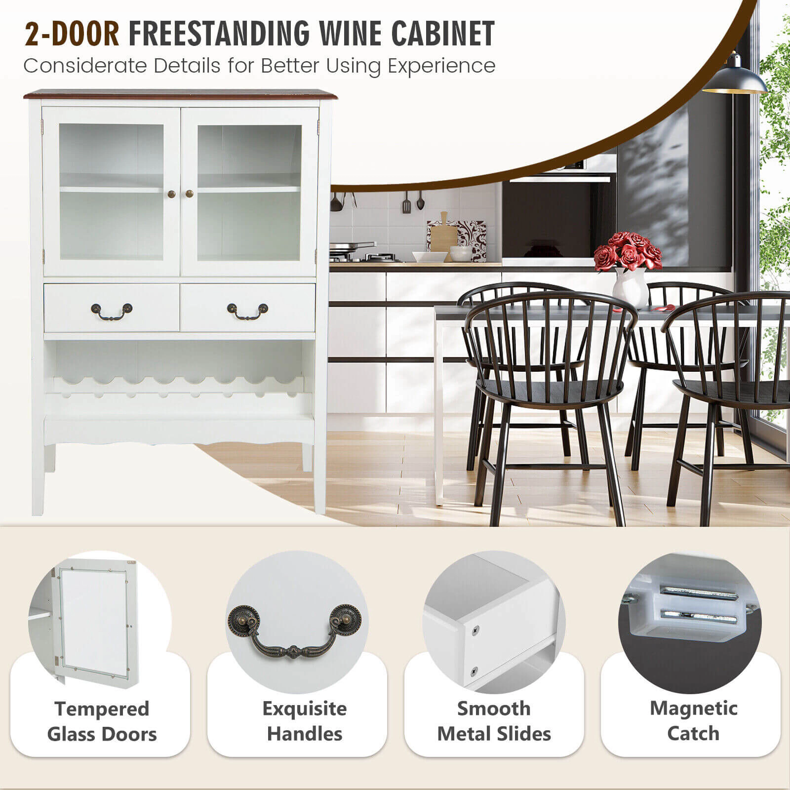 Glintex 50-Inch Sideboard with Tempered Glass Doors and Open Wine Rack, White