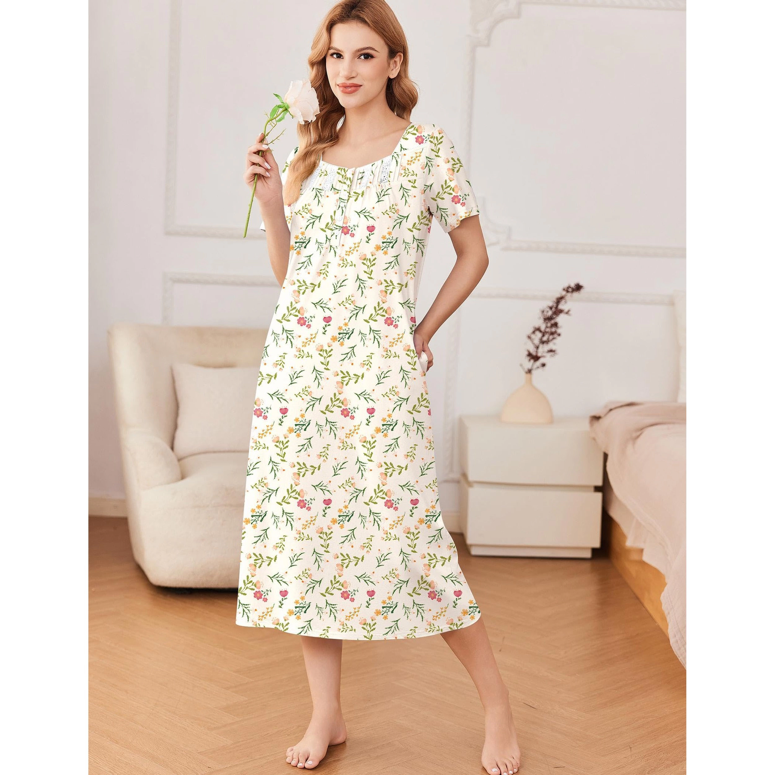Ekouaer Women's Cotton Short-Sleeve Button-Front Lace-Trim Maxi Nightgown