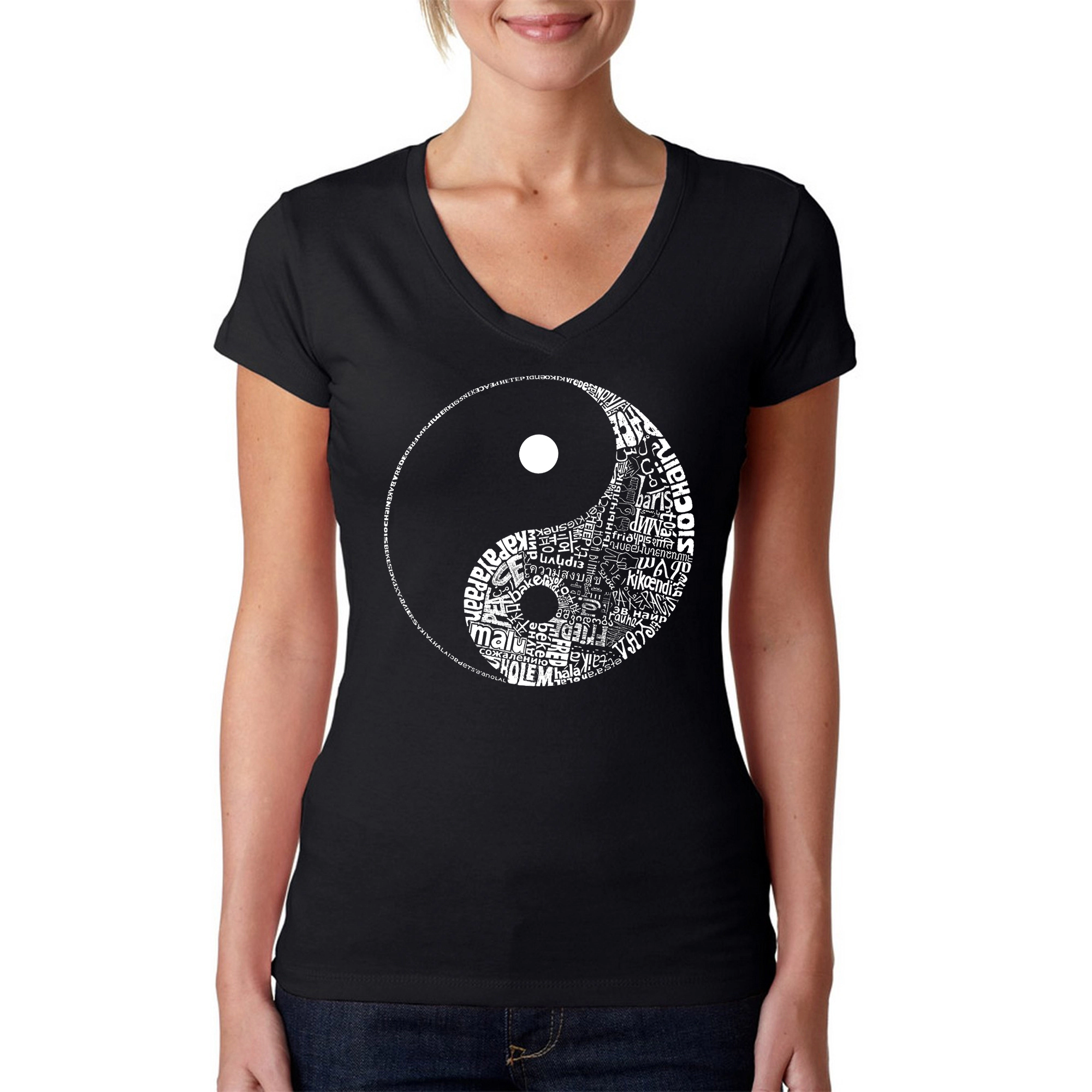 LA Pop Art Womens Word V-Neck T-Shirt - YIN YANG