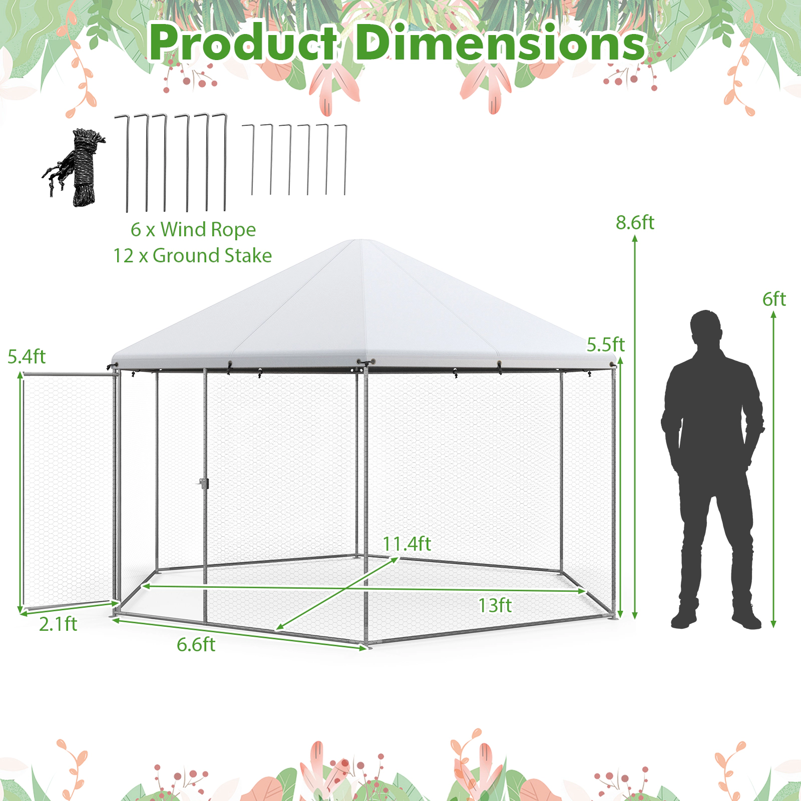 SUGIFT 13-ft Silver Hexagonal Walk-in Chicken Coop Poultry Cage with Oxford Cover and Wire Mesh