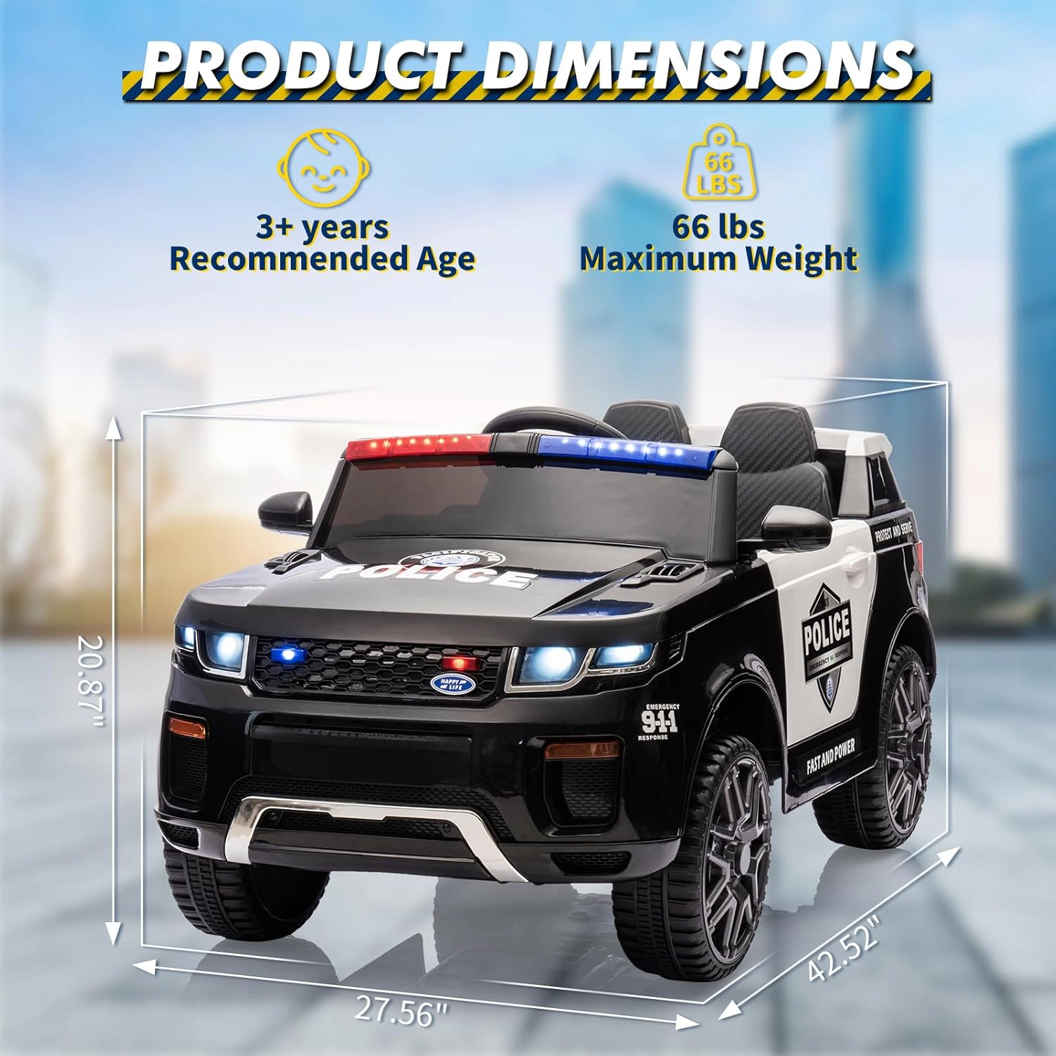 12V Kids 2-Seater Ride On Police Car w/ Remote, Flashing Lights, Megaphone, Music, Suspension & Handle for 3-8