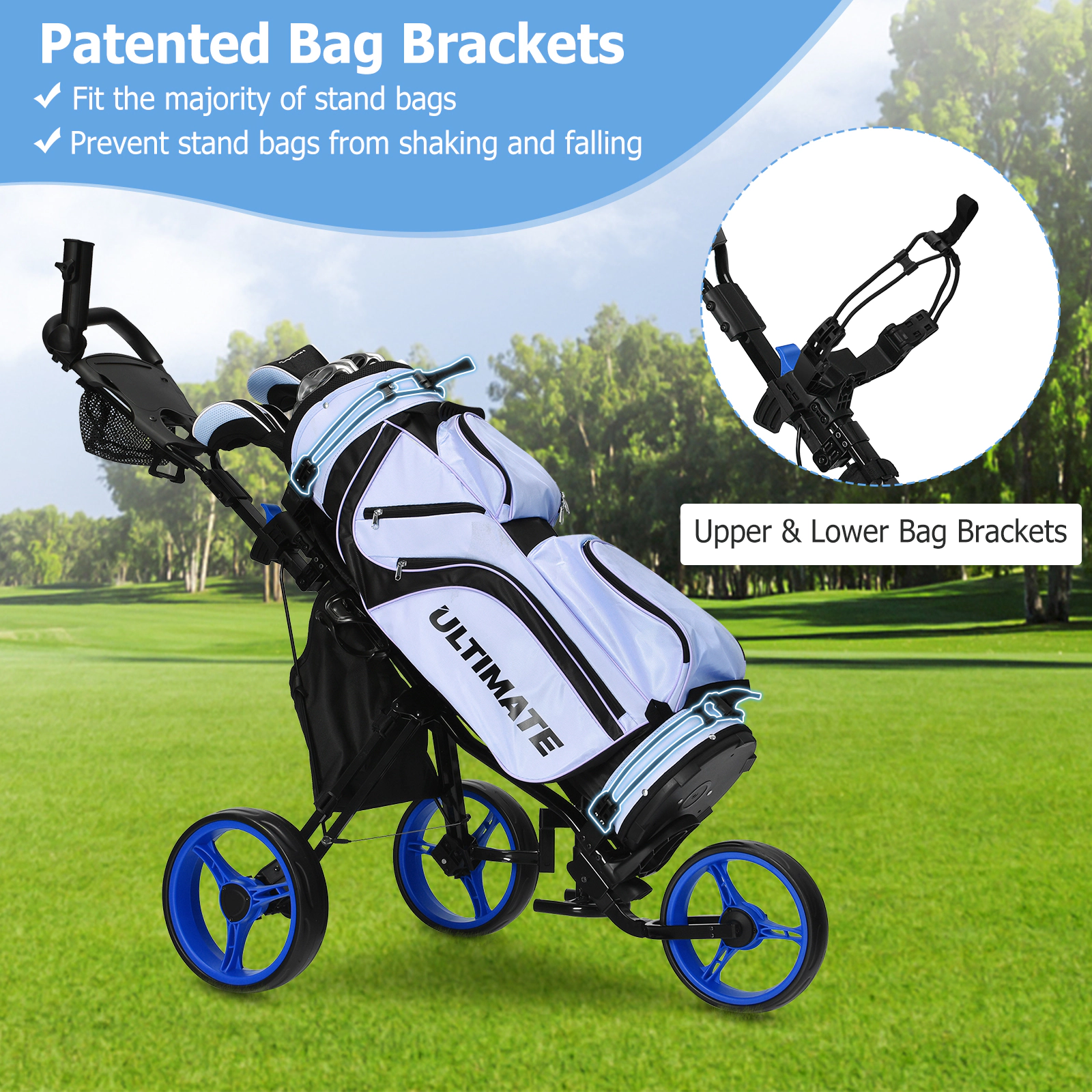 SUGIFT Blue Seat Scoreboard and Adjustable Handle 3-Wheel Folding Golf Push Cart