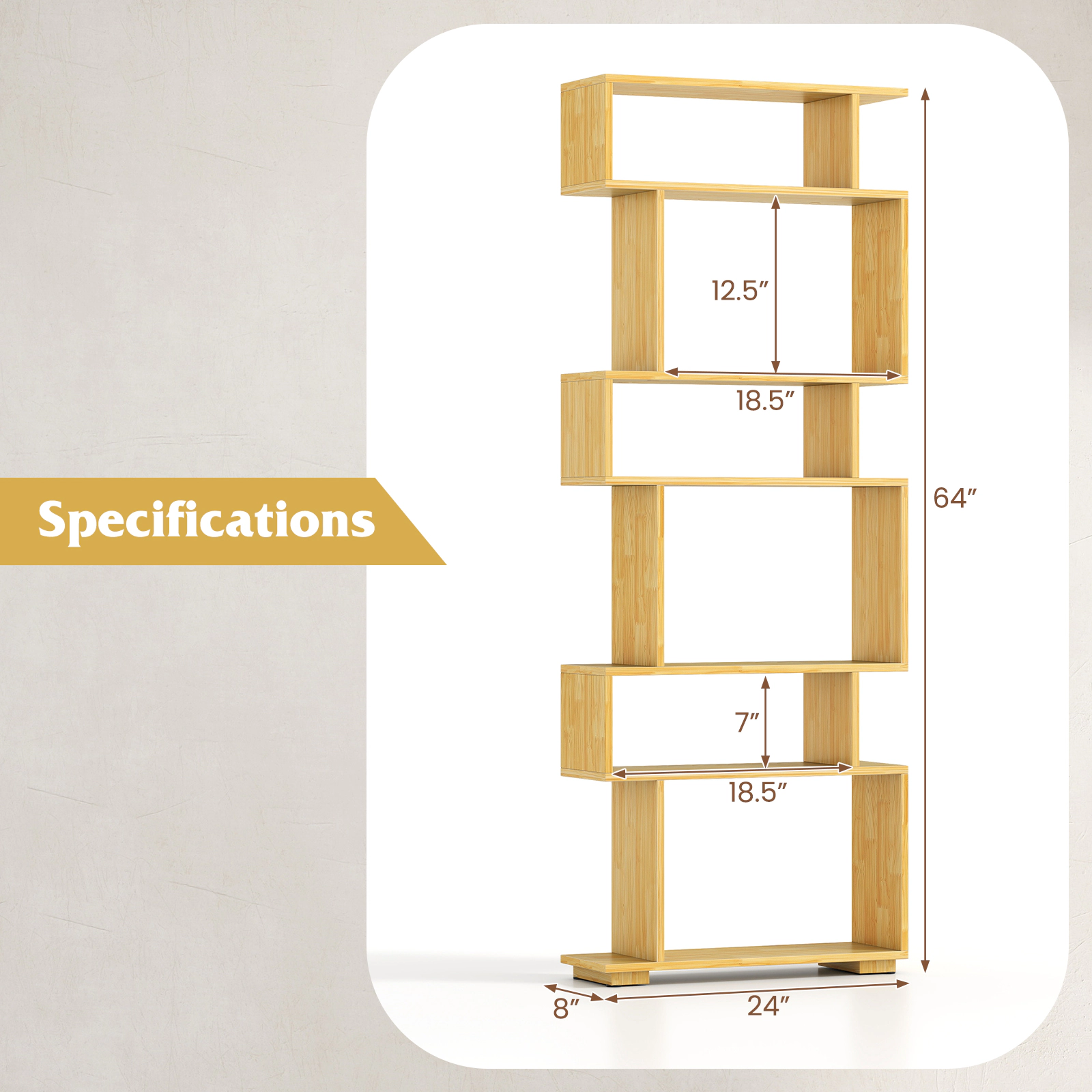 SUGIFT Wood 6-Tier Geometric S-Shaped Bookshelf 64 in with 2 Anti-Tipping Kits