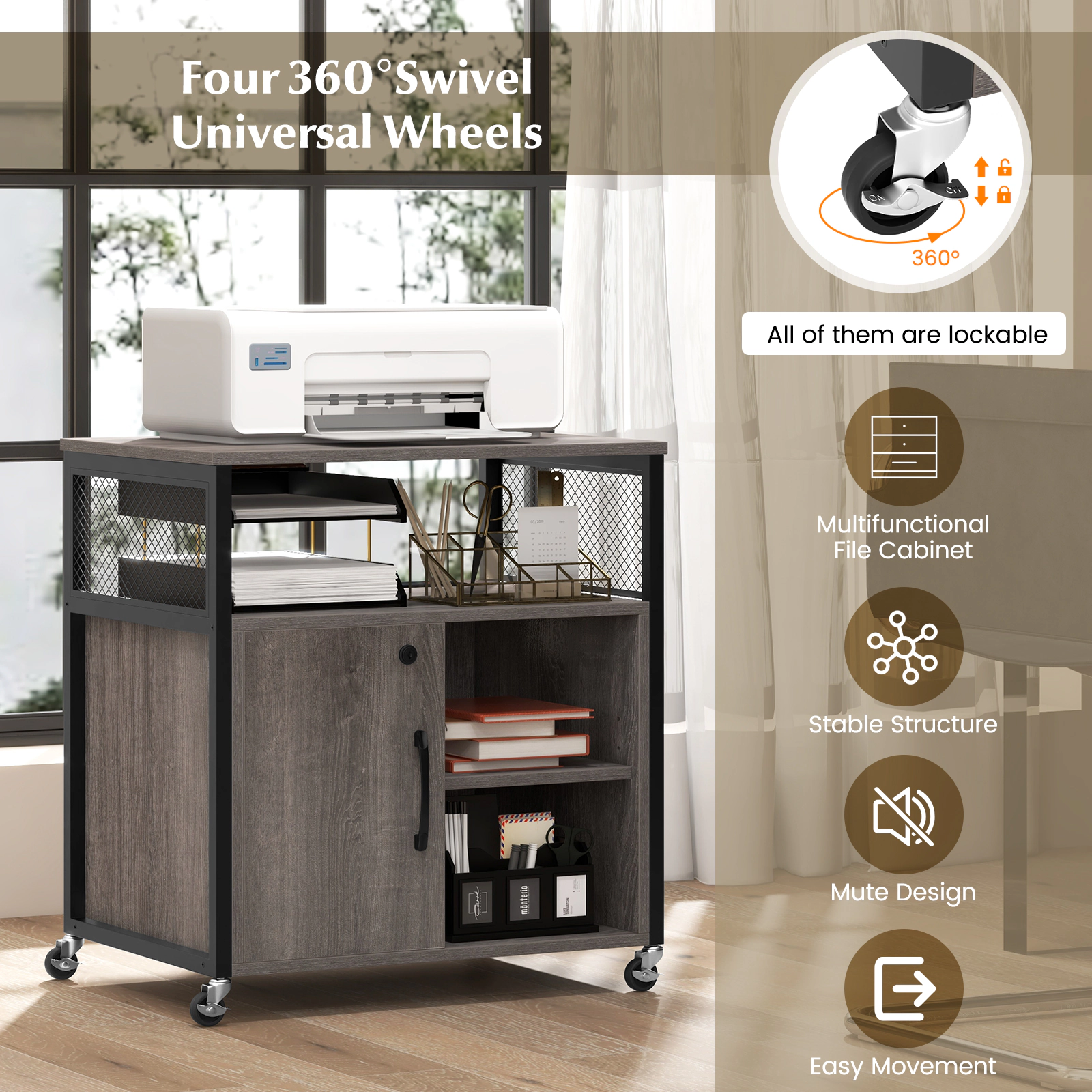 SUGIFT Mobile File Cabinet with Charging Station, Lockable Cabinet and Adjustable Shelves 230-lb Capacity Gray