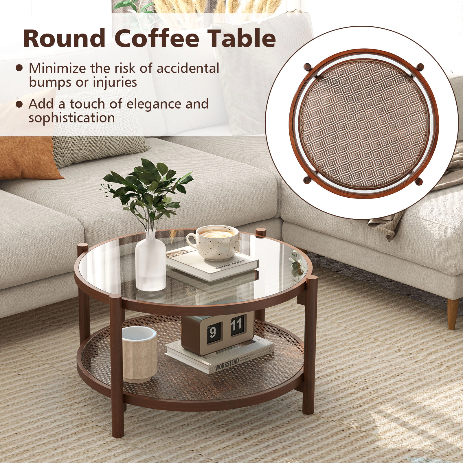 Glintex 31-Inch Round Coffee Table with Glass Top and Hand-Woven Rattan Shelf, Cherry+Transparent