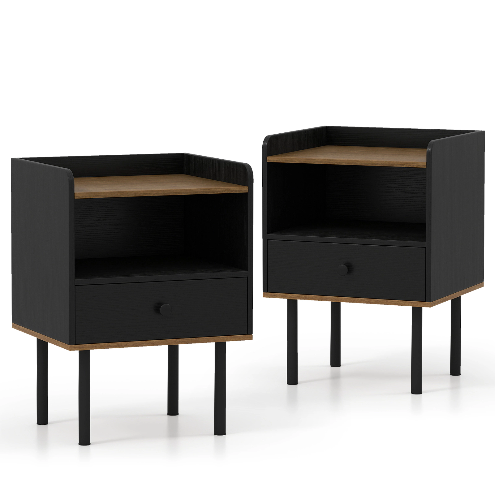 LJG Nightstand with Drawer 3-Tier Sofa Side Table with Open Storage Shelf Set of 2