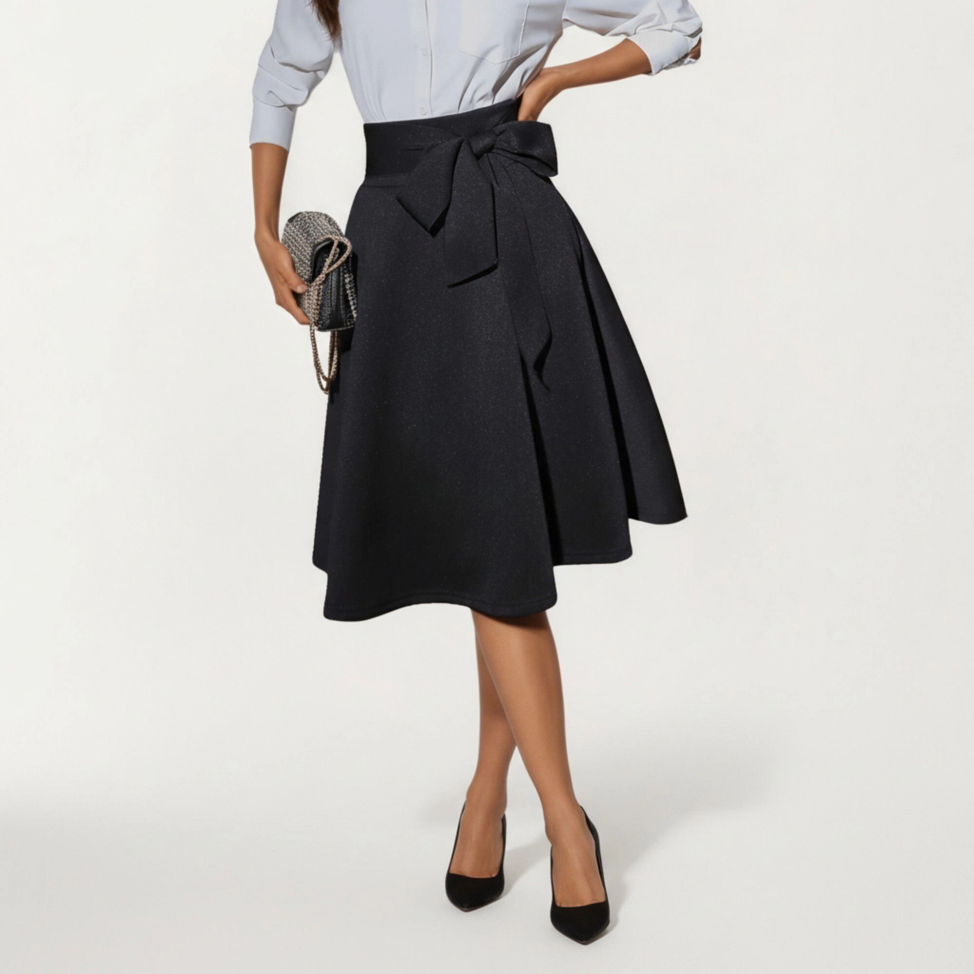 Anna-Kaci Womens High Waist Flared Midi Skirt with Oversized Bow