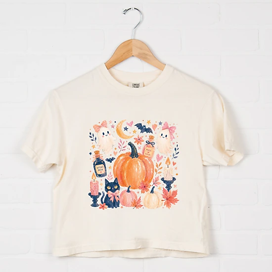 Simply Sage Market - Women's Boxy Crop Top Graphic T-Shirt - Coquette Halloween Floral