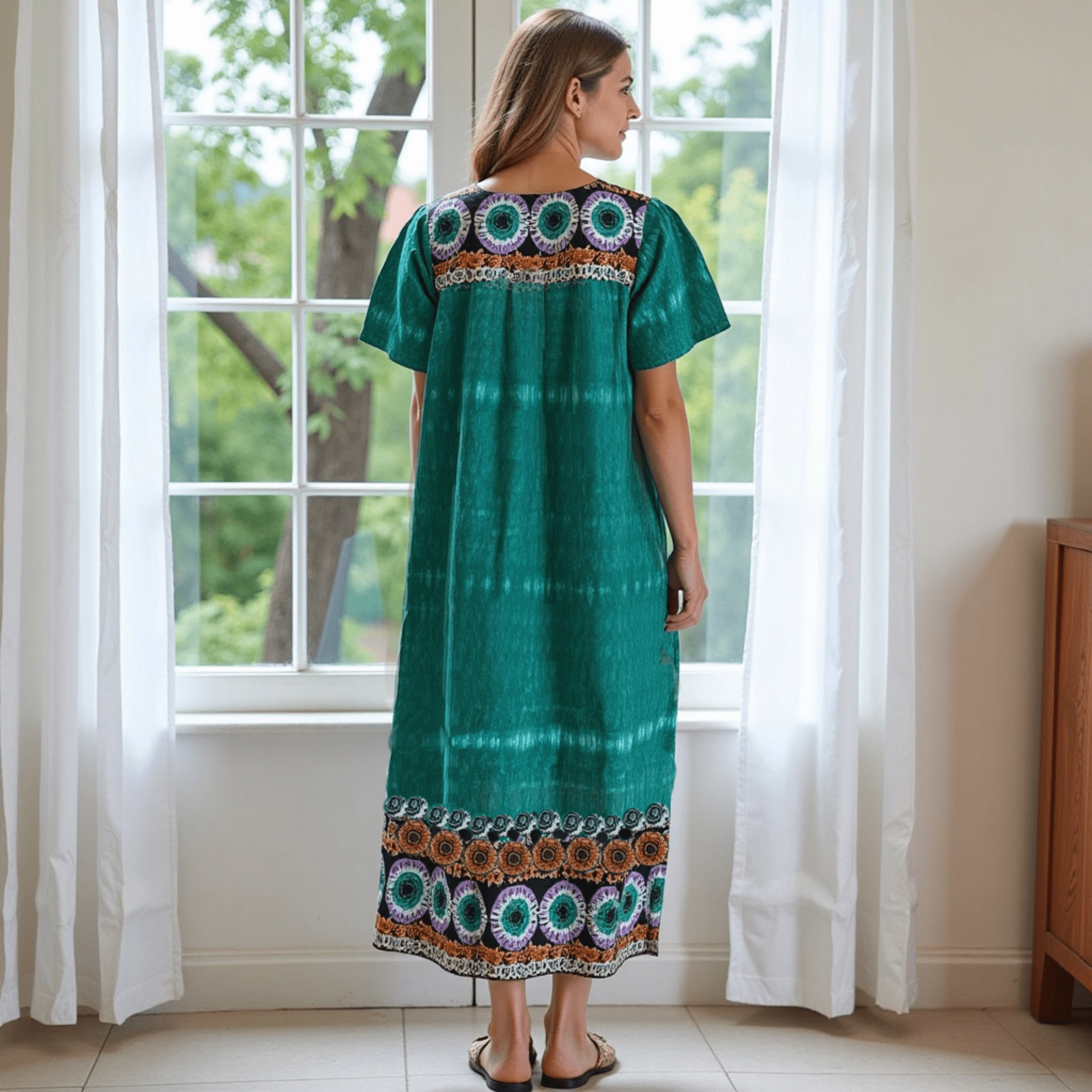 Loungees Border Print Cotton Lounge Dress House Caftan Square Neck Yoke Short Sleeve