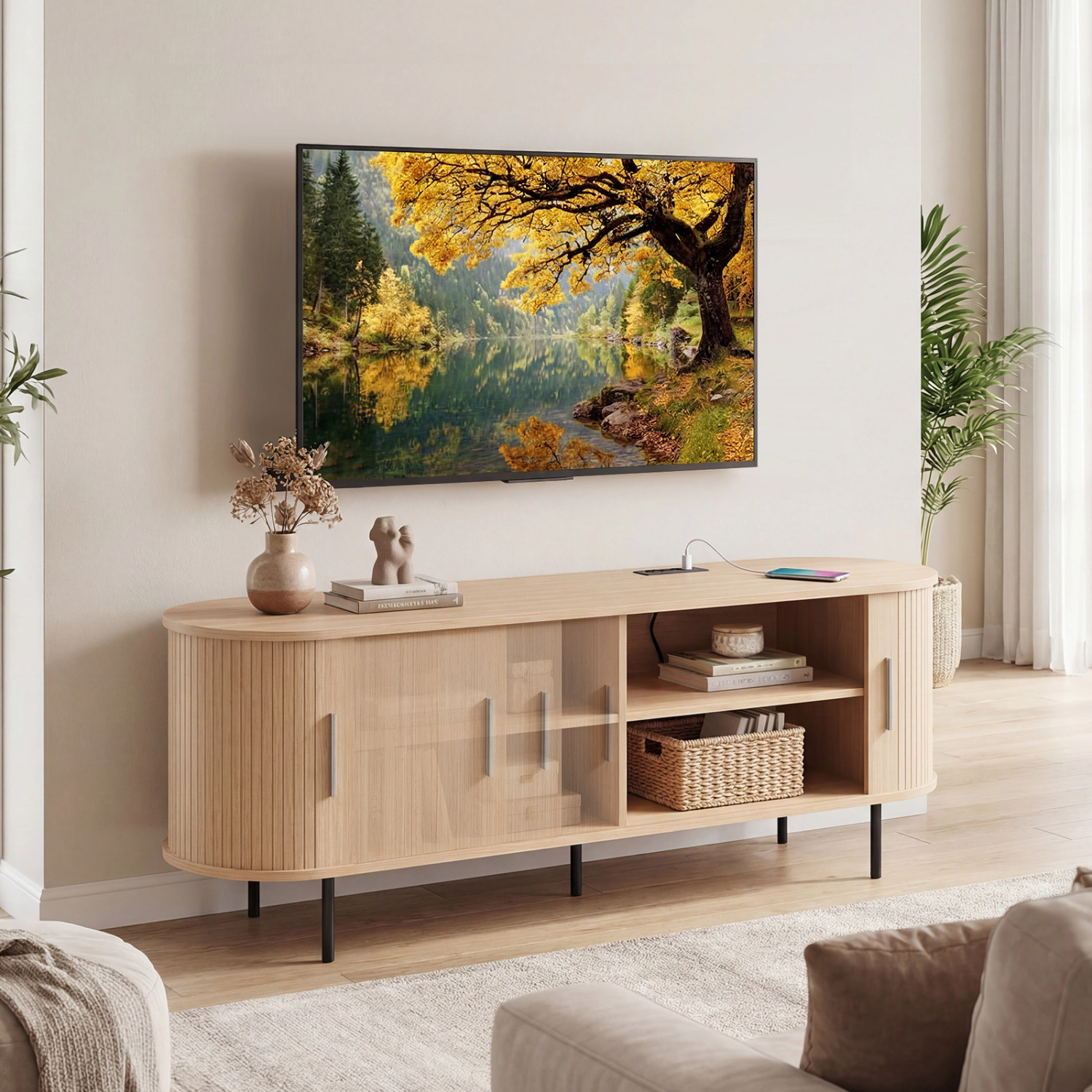 Glintex 55-Inch Fluted TV Stand with Roll-Up Door and Charging Ports