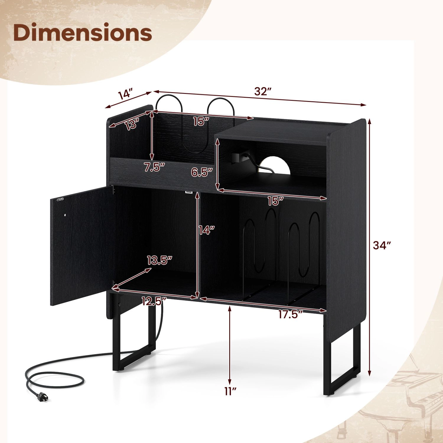 SlickBlue Record Player Stand with Vinyl Storage and Charging Station