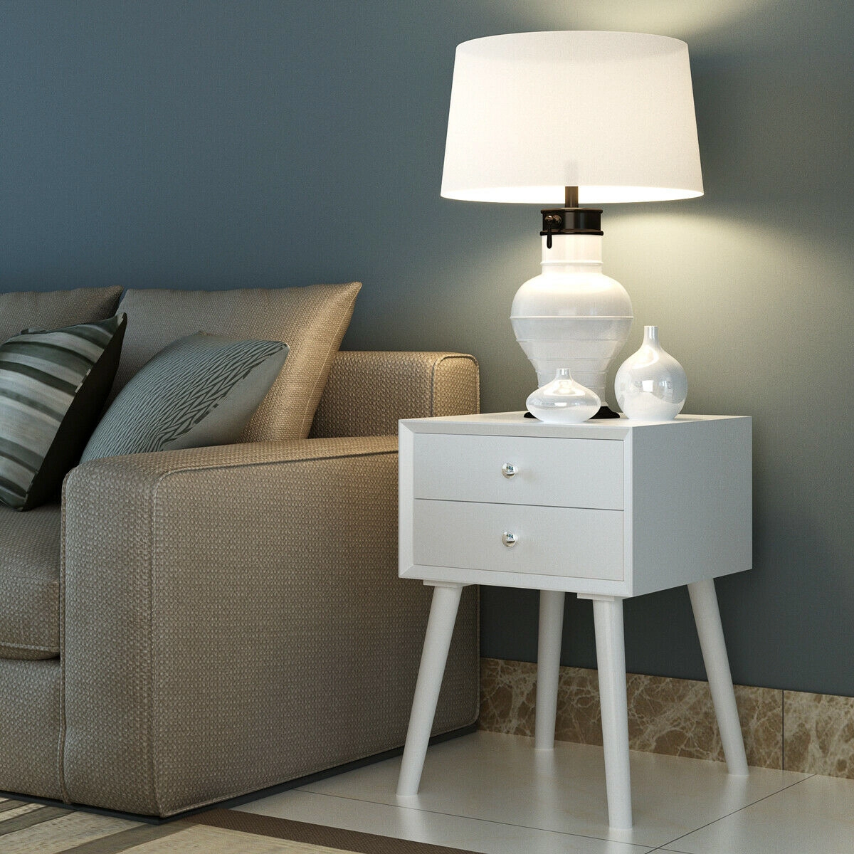 SUGIFT 2-Drawer Nightstand with Rubber Wood Legs 16-in W 16-in D 23.5-in H in White
