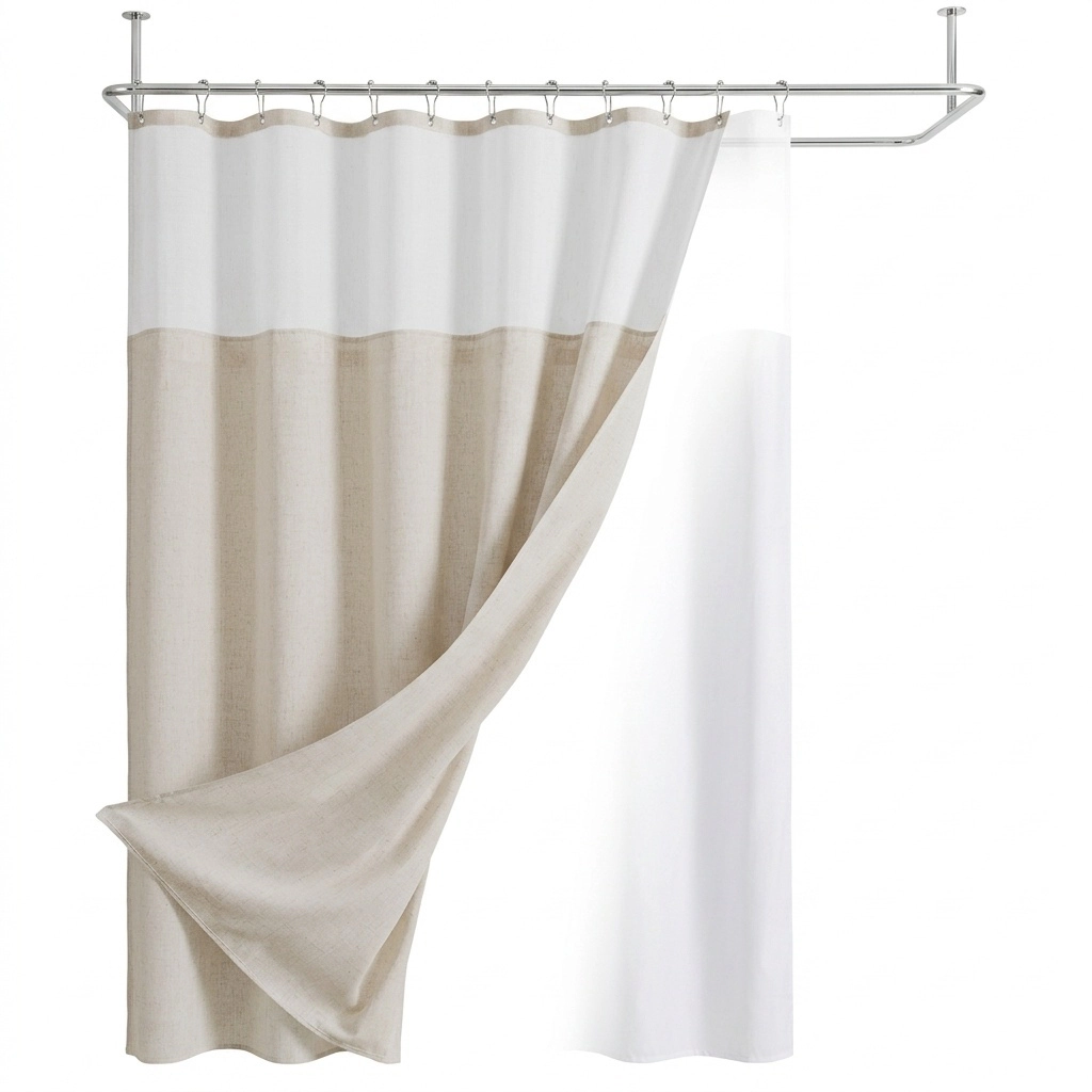 WZK Double Layer Linen Blend with Removable Liner Water Repellent See Through Panel Shower Curtain