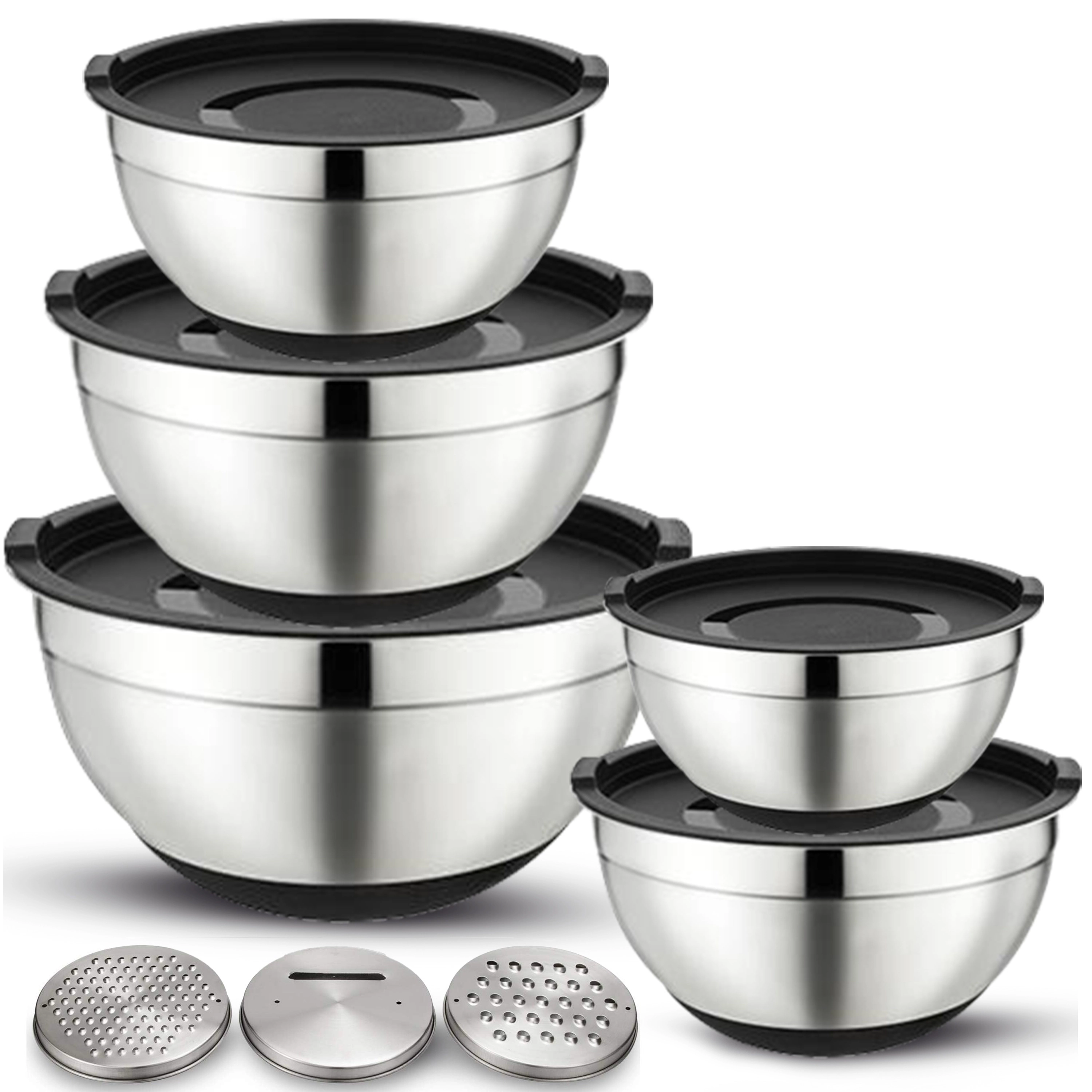 Luminuxe 5‑Piece Stainless Steel Mixing Bowls with Lids & Grater, Durable Rust‑Resistant Nonslip Nesting Kitchen Bowls