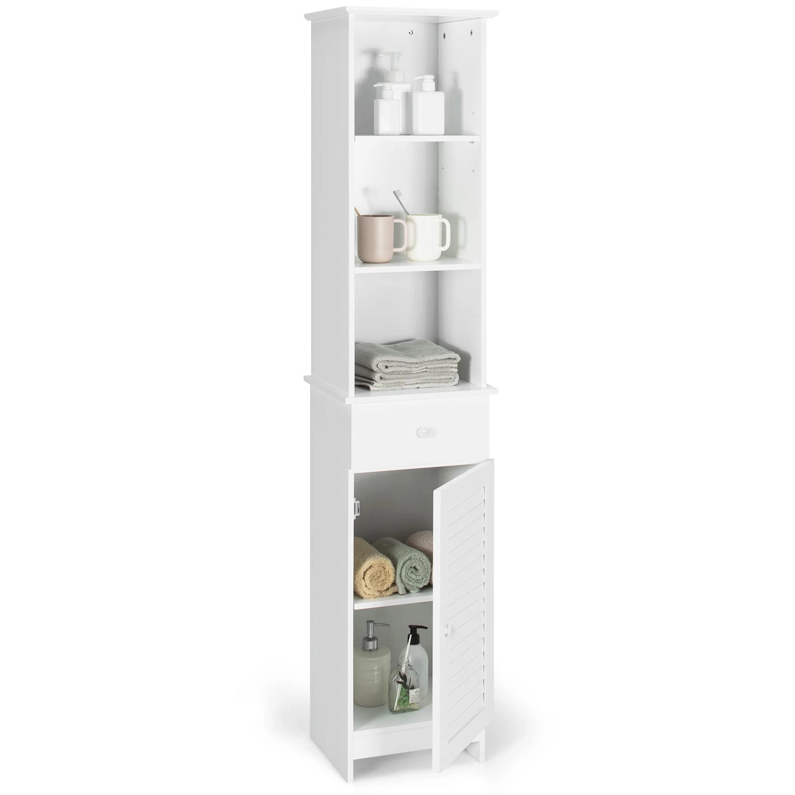 Glintex 64-Inch Tall Bathroom Linen Cabinet with Open Shelves and Drawer, White