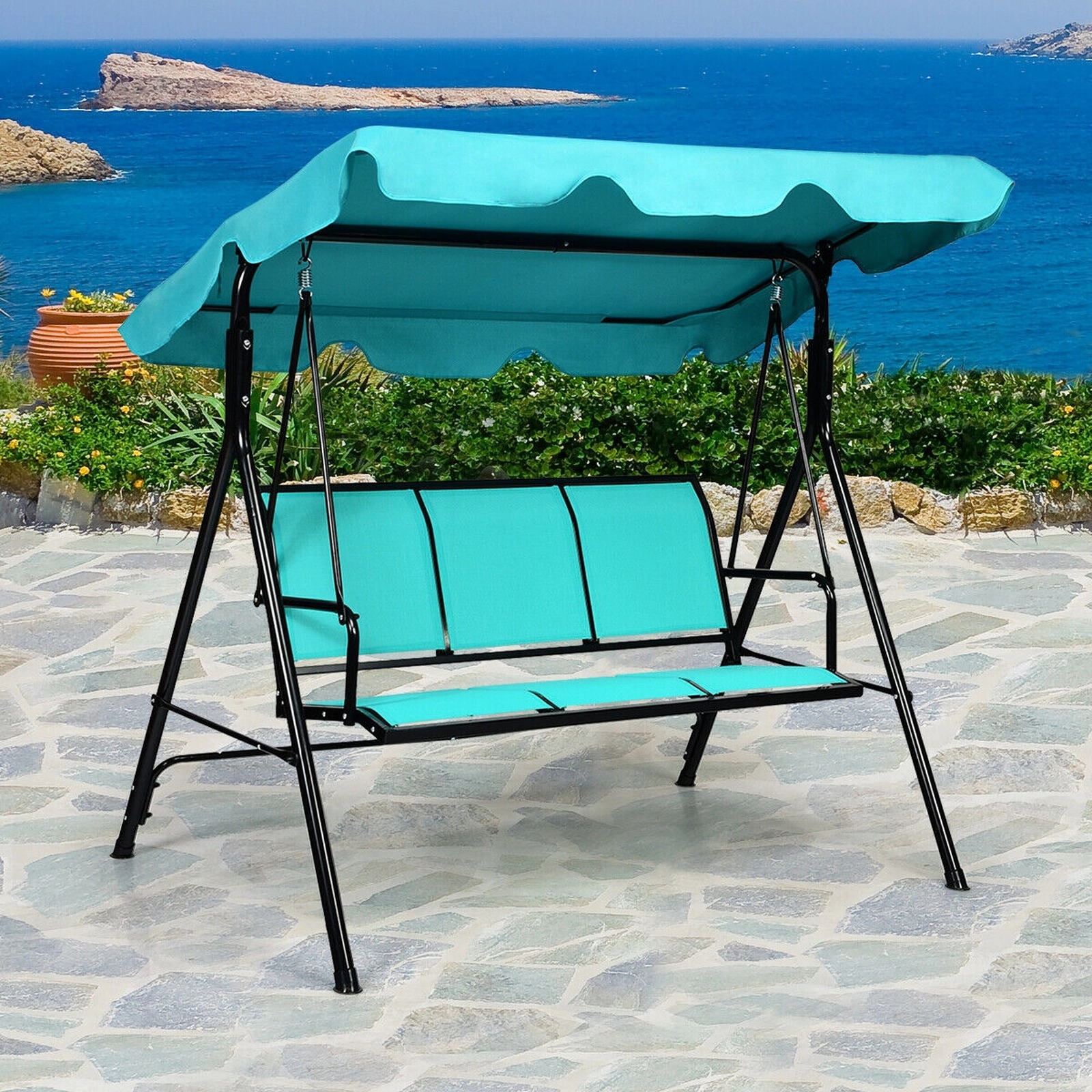 SUGIFT 3 Person Porch Swing Blue Outdoor Patio Swing Bench with Canopy and Steel Frame