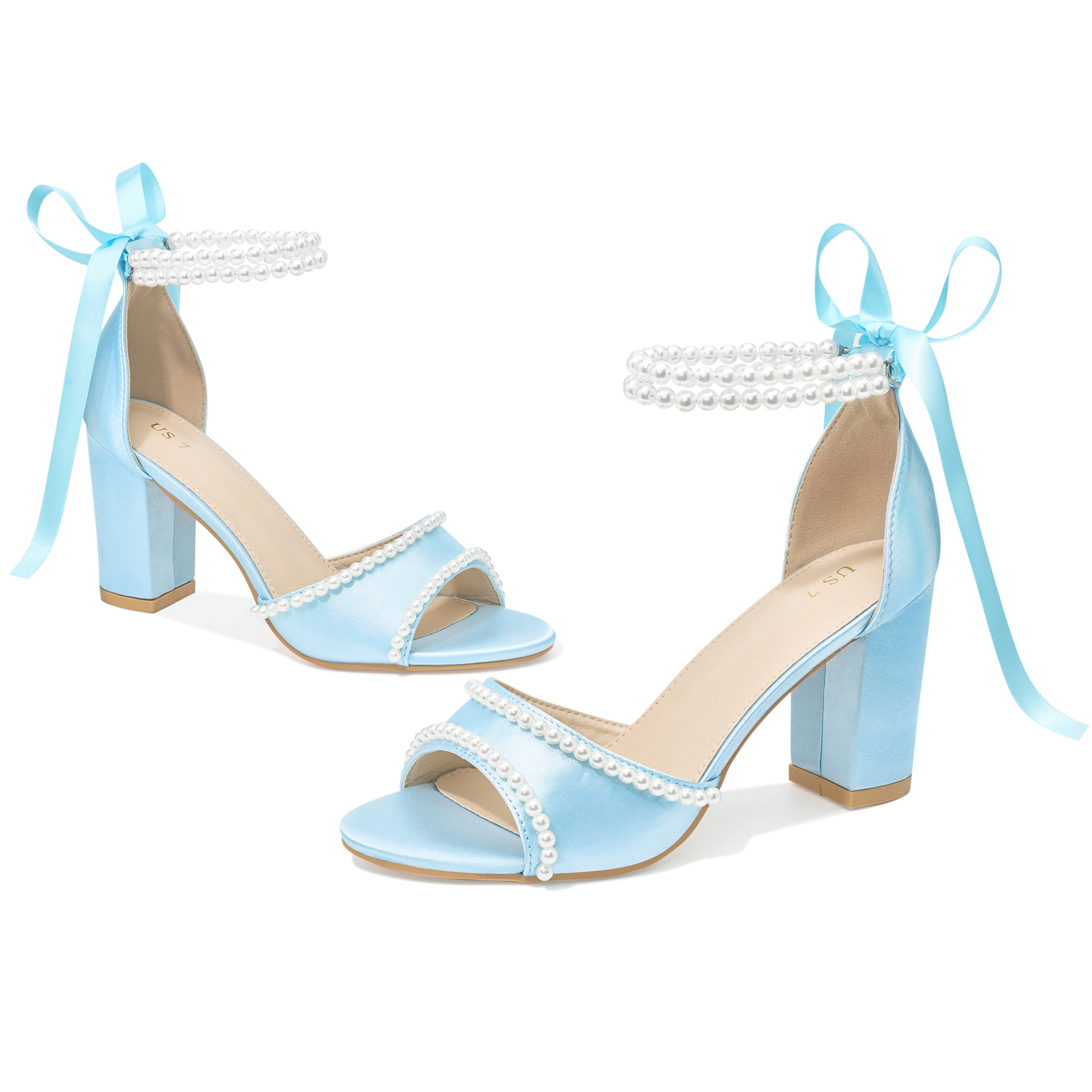 BLISSFUL STEP Women's Pearl Open Toe Block Heel Lace Up Satin Bridal Sandals