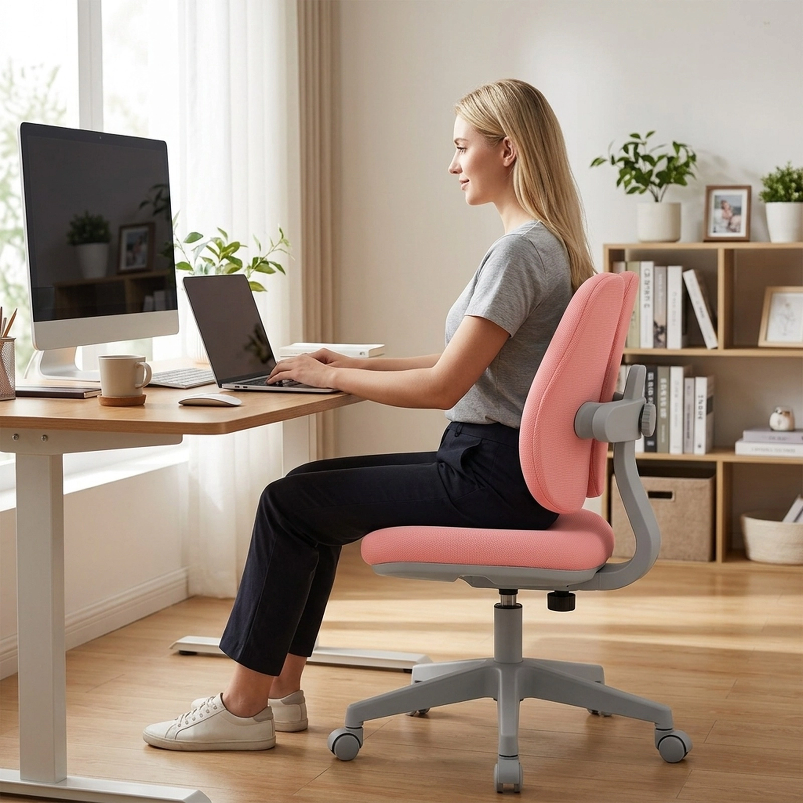 SUGIFT Pink Kids Study Chair, Double Backrest, Adjustable Footrest, Stepless Seat Height, 220-lb Capacity