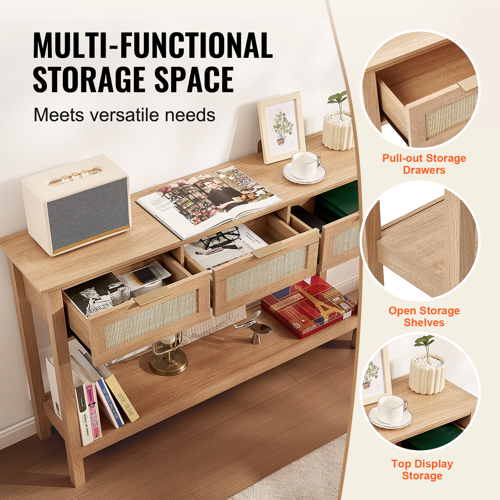 HONGGE Natural Rattan Console Table with 3 Storage Drawers, Narrow Entryway Table for Living Room, Study, TV Wall