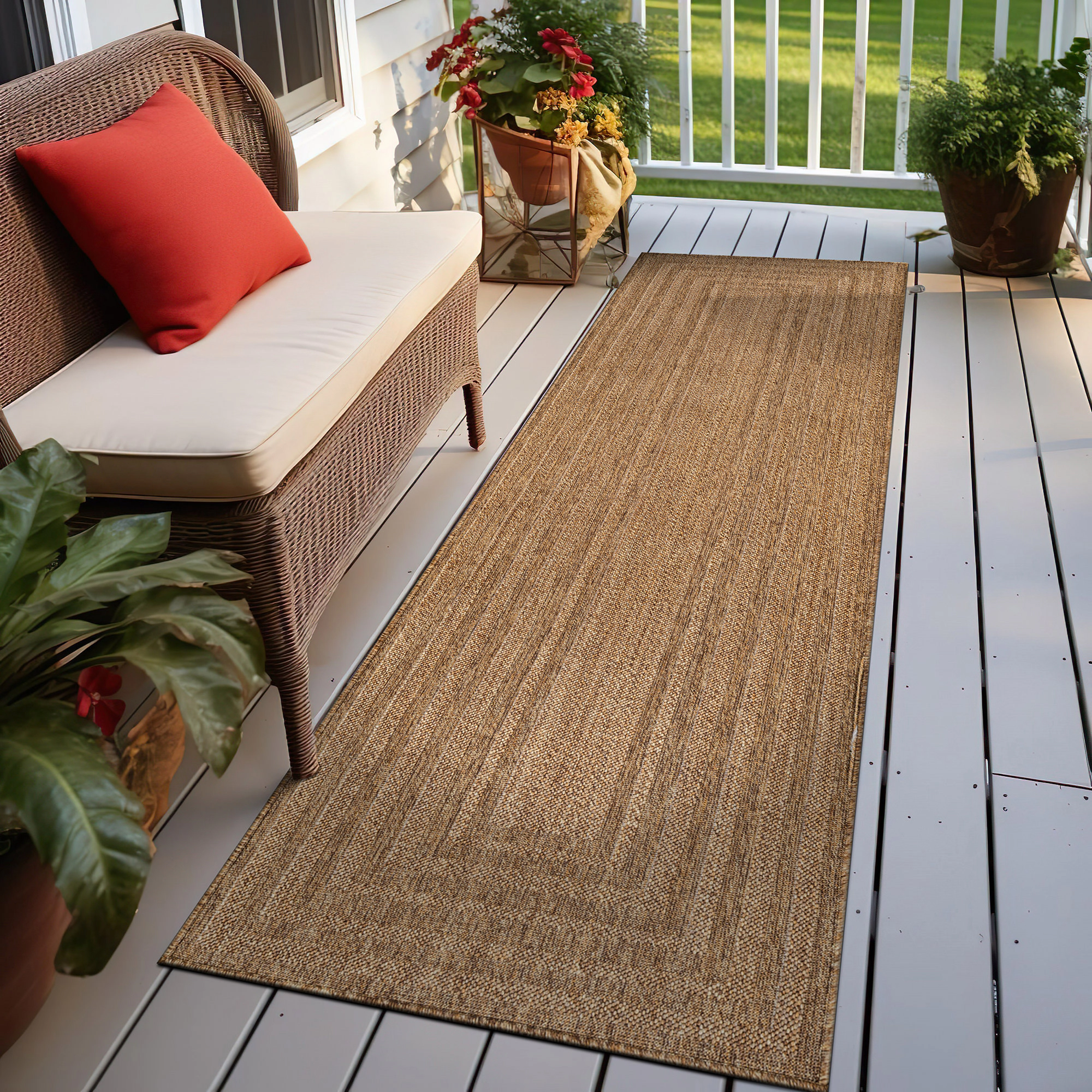 World Rug Gallery Geometric Indoor/Outdoor Flat Woven-Natural Jute-Style, Easy-Care Patio for Backyard Porch Deck