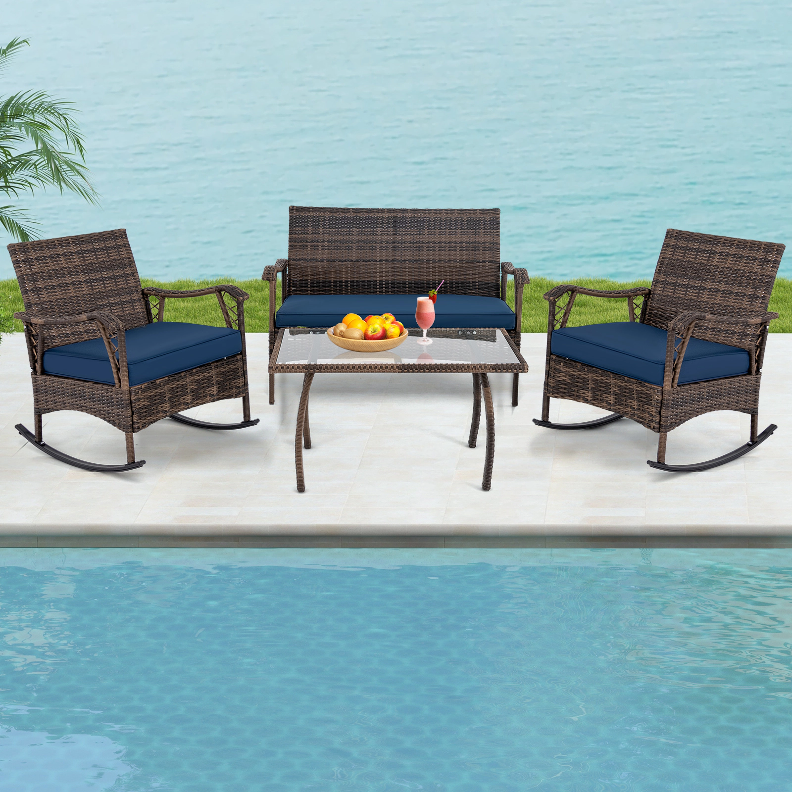 LJG 4 Pieces Wicker Rocking Set with Bungee Rope Seat for Porch Yard