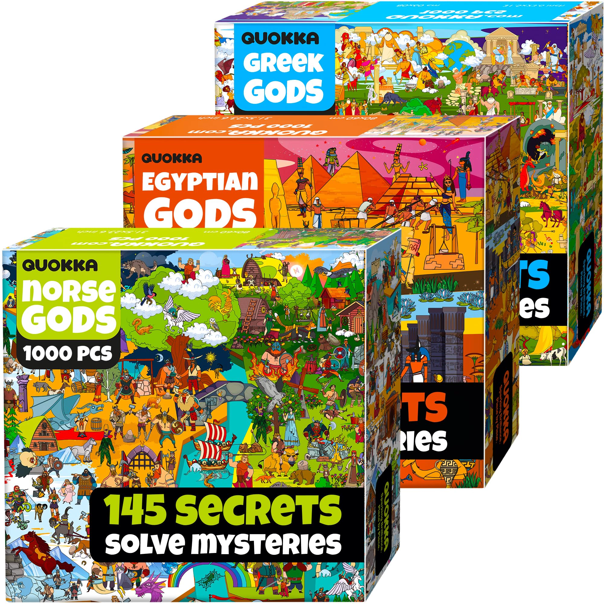 QUOKKA 1000-Piece Jigsaw Puzzle Set for Adults, 3-Pack, Egyptian, Greek & Norse Mythology with Hidden Challenges & Audio Stories