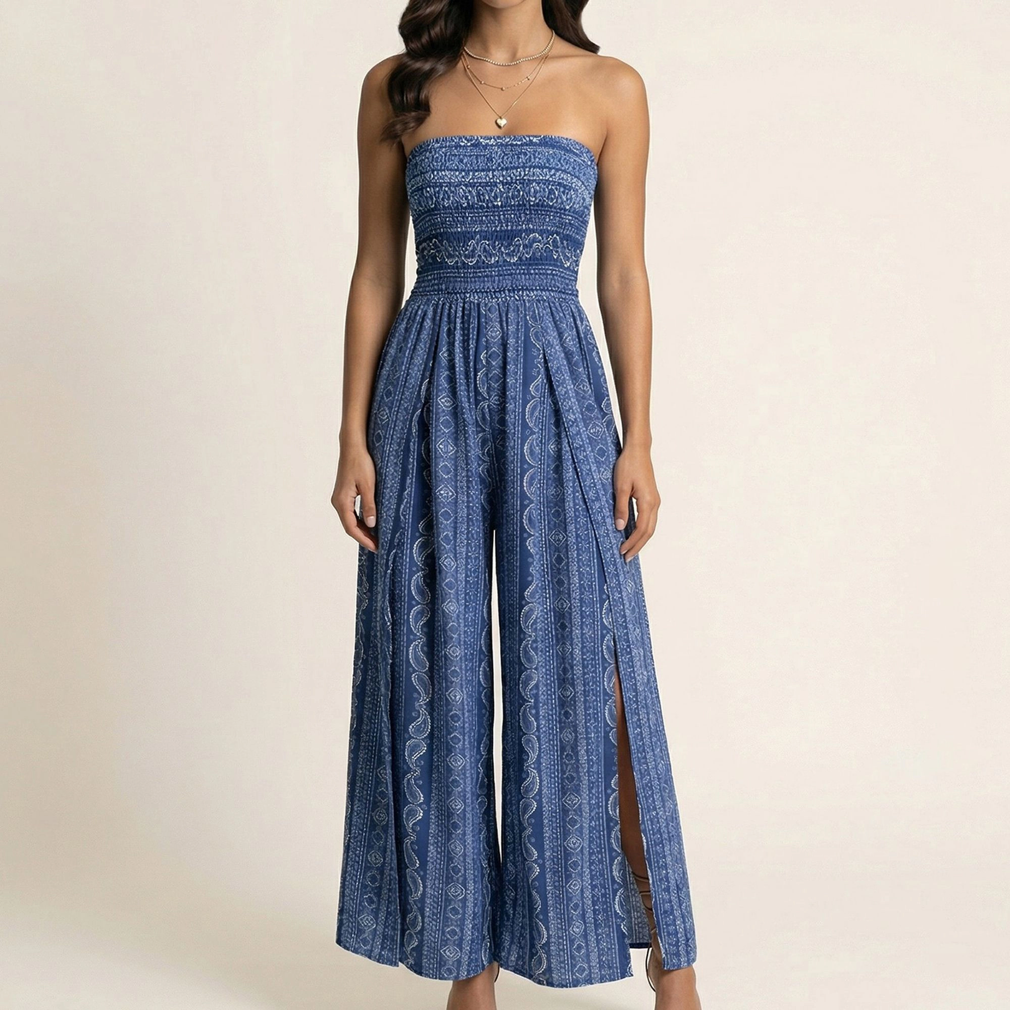 Anna-Kaci Womens Strapless Smocked Wide Leg Jumpsuit with Side Slits