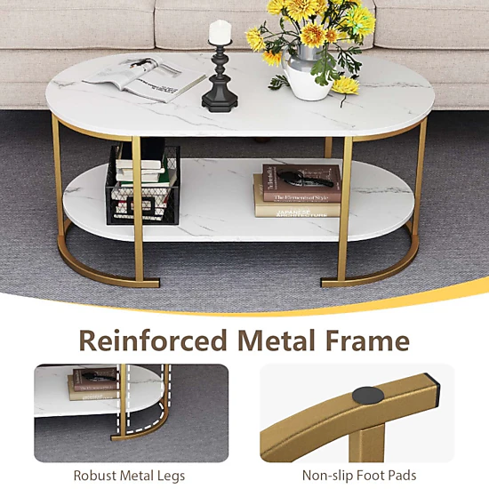 Hivvago Spacious Two-Layer Wooden Coffee Table with Oval Top and Storage Shelf