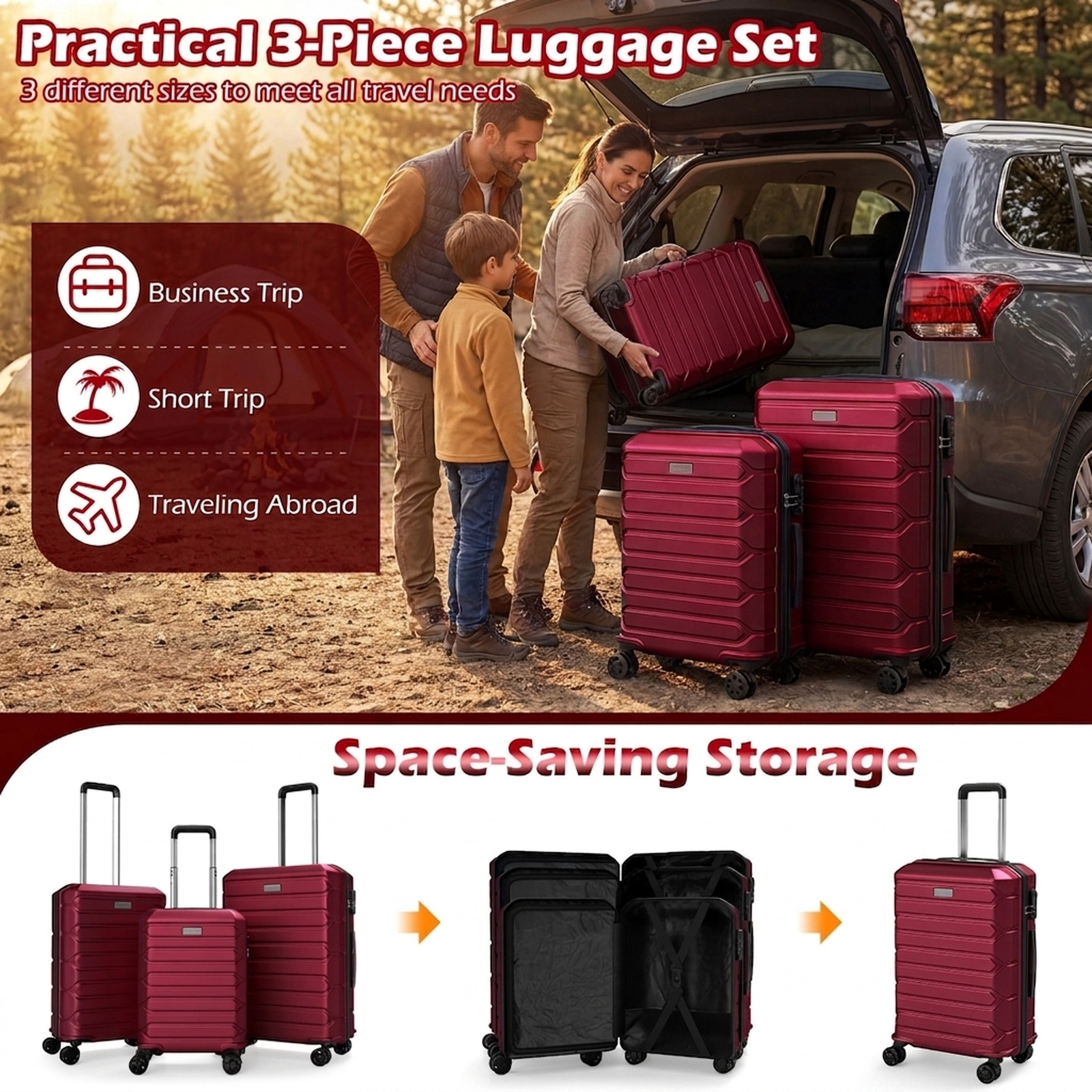 SUGIFT 3-Piece Hardside Luggage Camping Chair Set with 8-Spinner Wheels Red