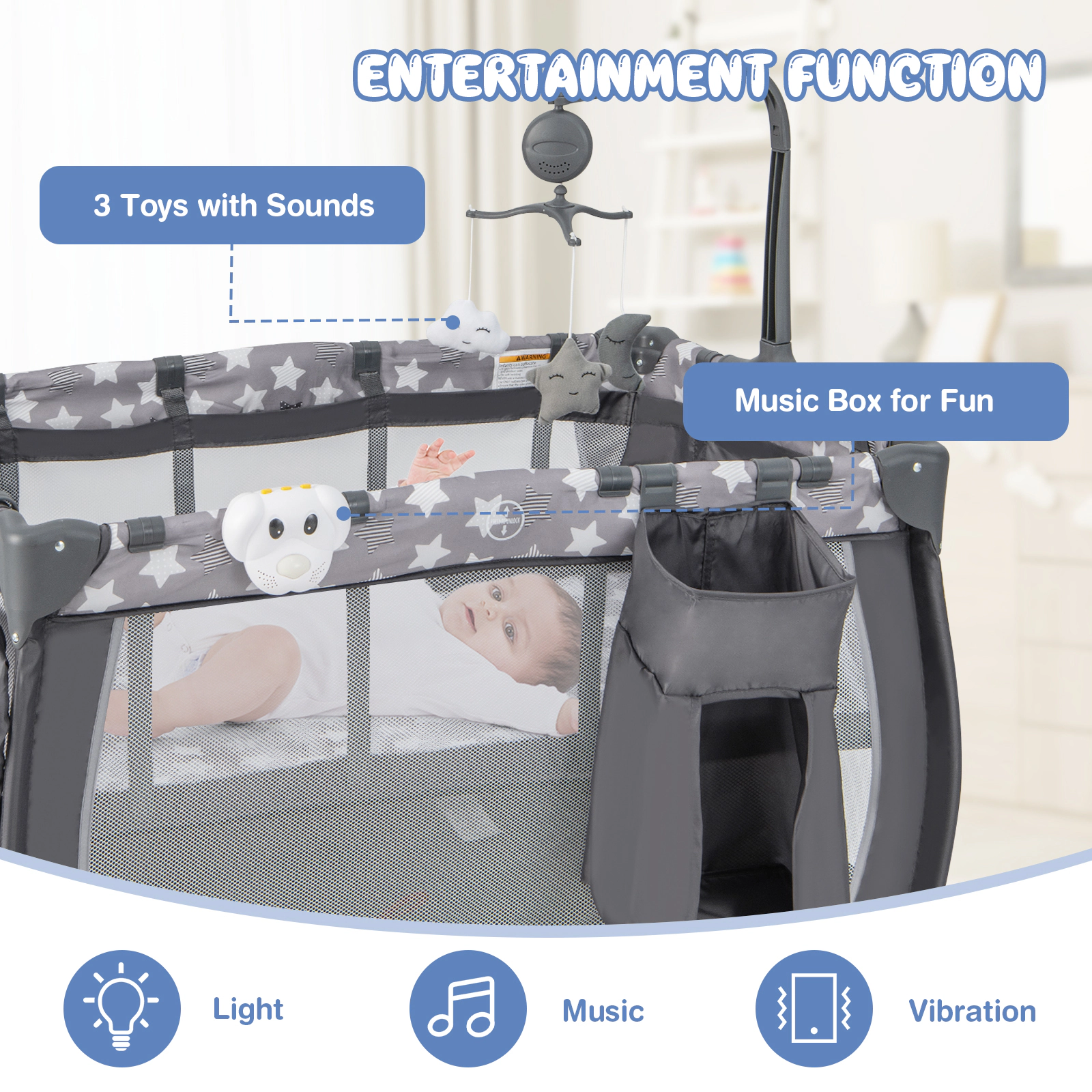 SUGIFT Portable Baby Playard with Changing Table Bassinet and Music Box 33-lb Capacity Ages 0-3 Years Gray