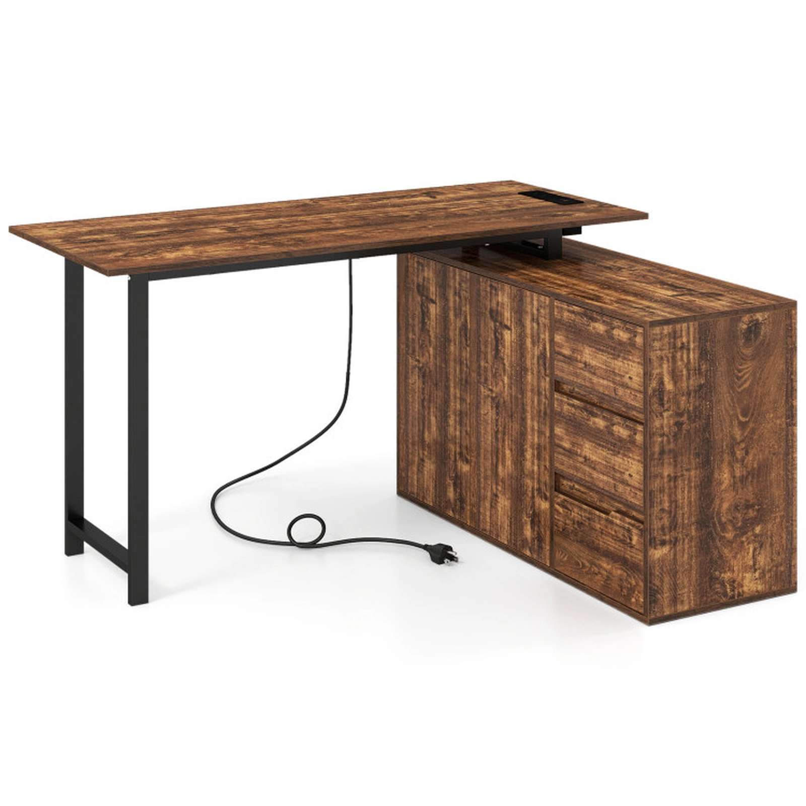 SUGIFT 220-lb Capacity Rustic Brown Reversible L-Shaped Desk with File Cabinet 3 Drawers and Power Outlet