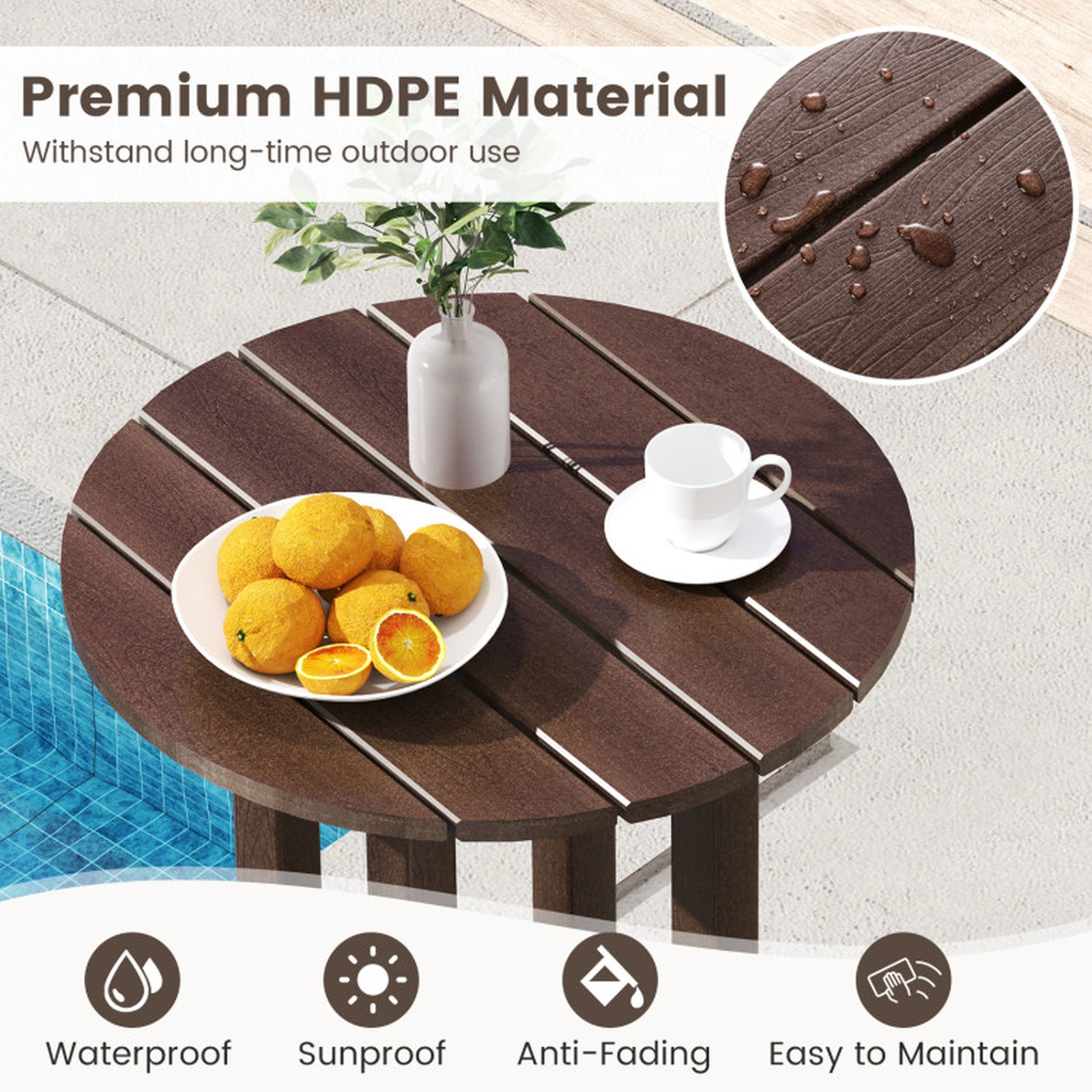 SUGIFT 21.5-in Round HDPE Bar Height Patio Dining Table with Slatted Tabletop 110-Lb Capacity 42-in Tall Brown