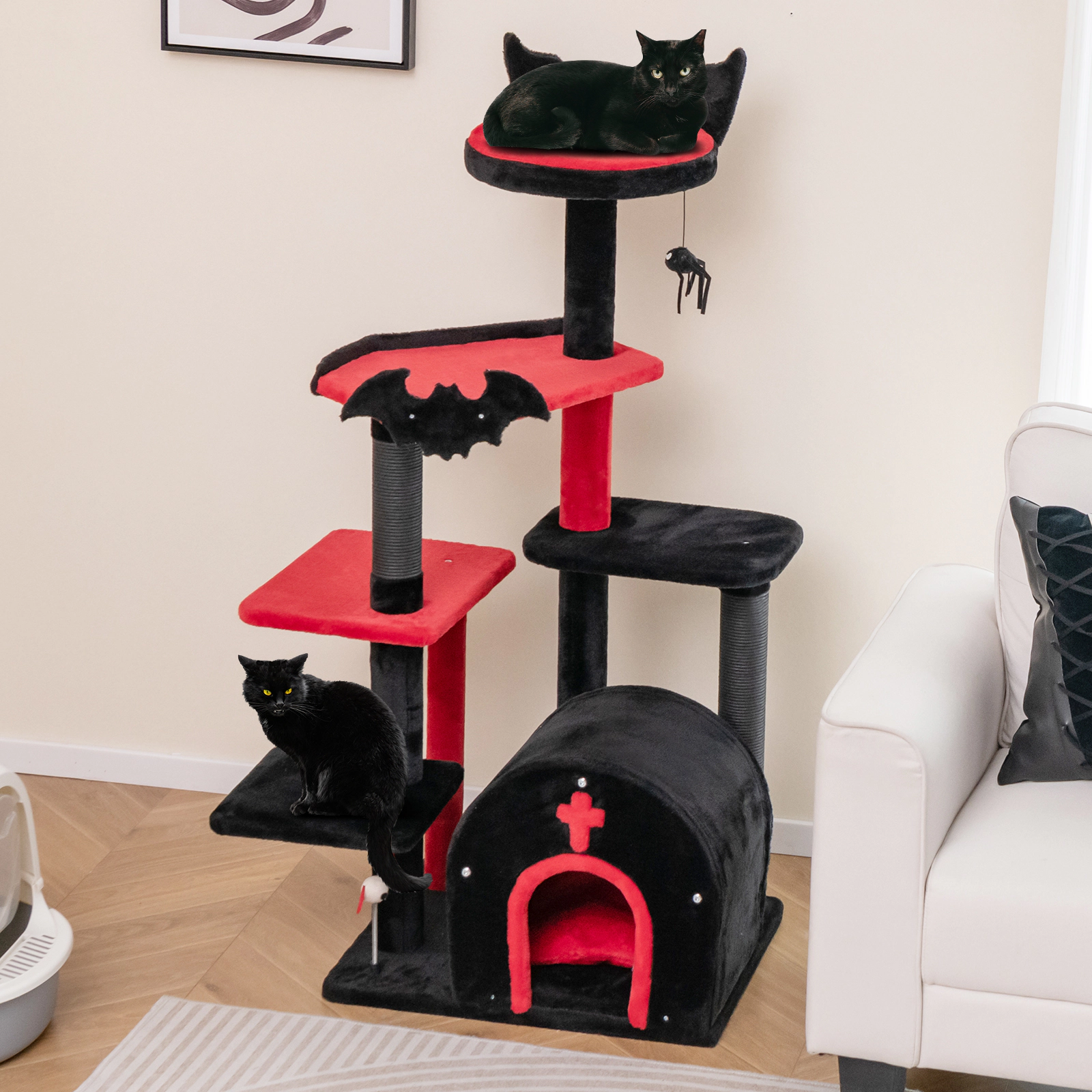 SUGIFT 53-in Tall Gothic Cat Tree Tower with Arch-Shaped Condo Plush Bed Top Perch and Scratching Posts