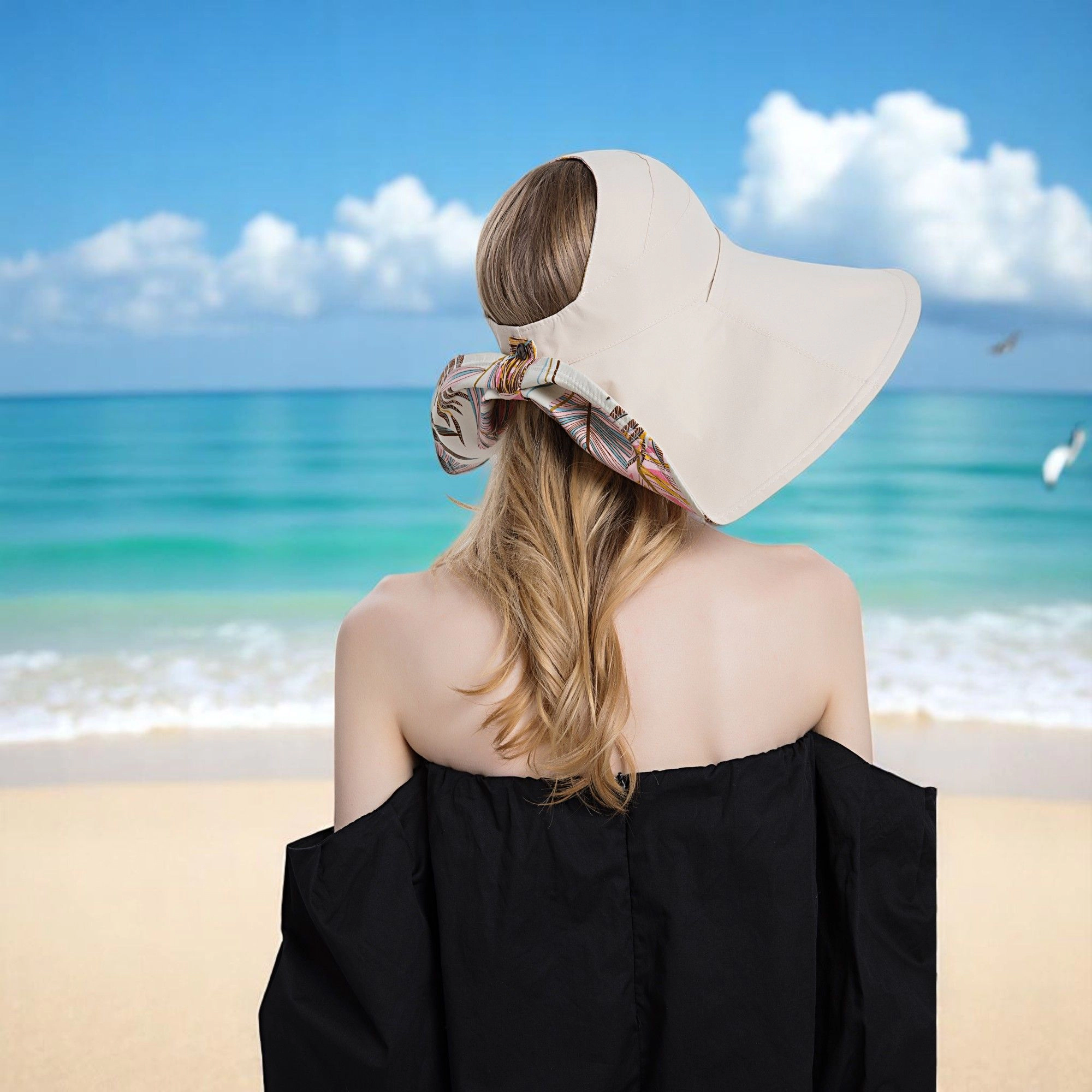Anna-Kaci Women's Wide Brim Sun Hat with Ponytail Hole Neck Tie Closure and Patterned Lining