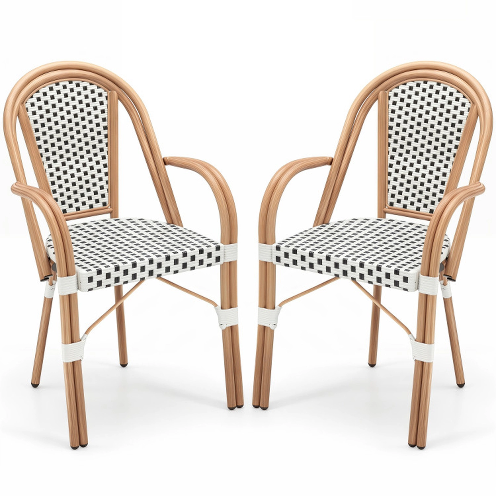 SUGIFT White Hand Woven PE Wicker and Curved Armrests Set of 2 French Bistro Chairs