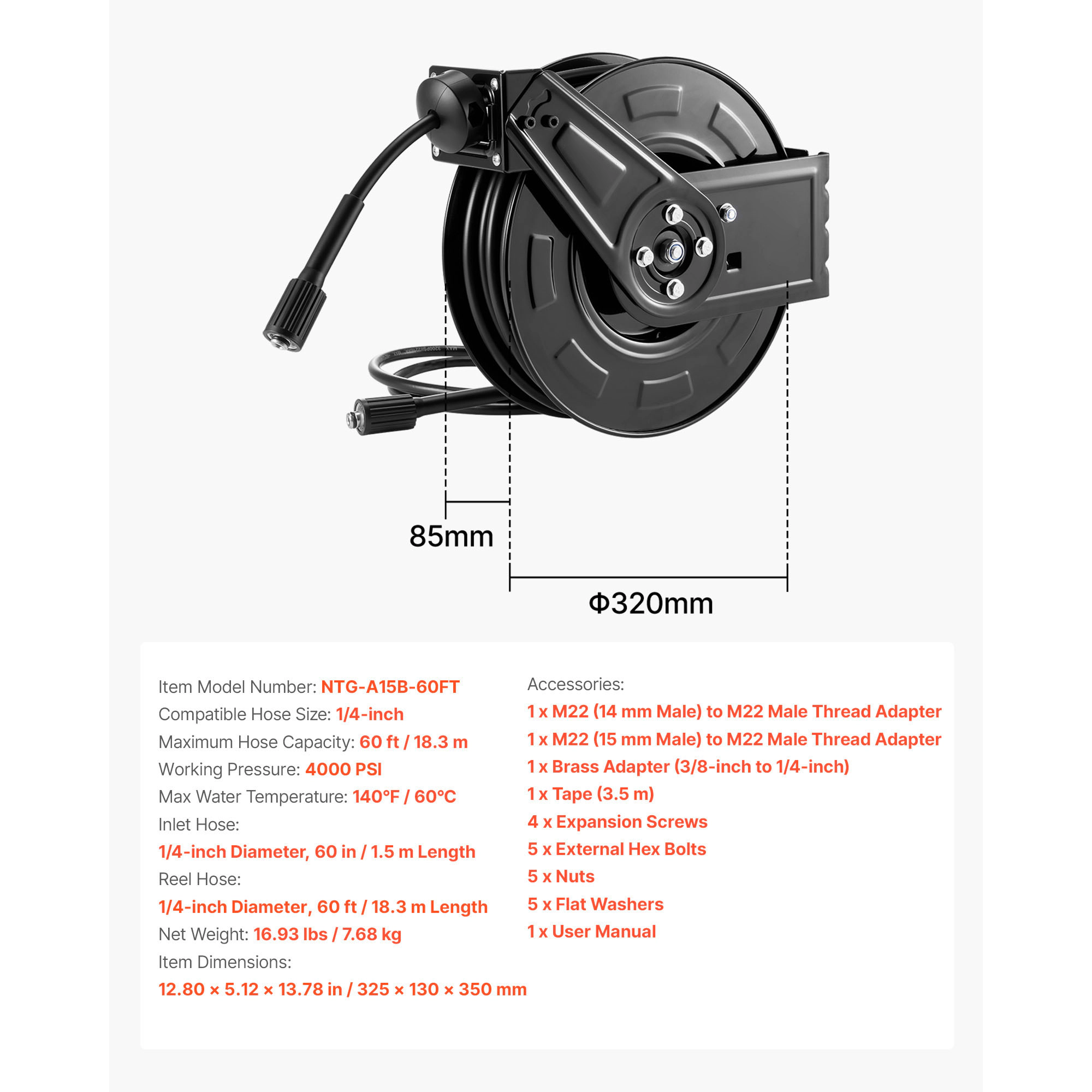 HONGGE Pressure Washer Hose Reel, Auto-Rewind 60 ft x 1/4-inch Steel Reel, 4000 PSI, Wall/Floor Mount