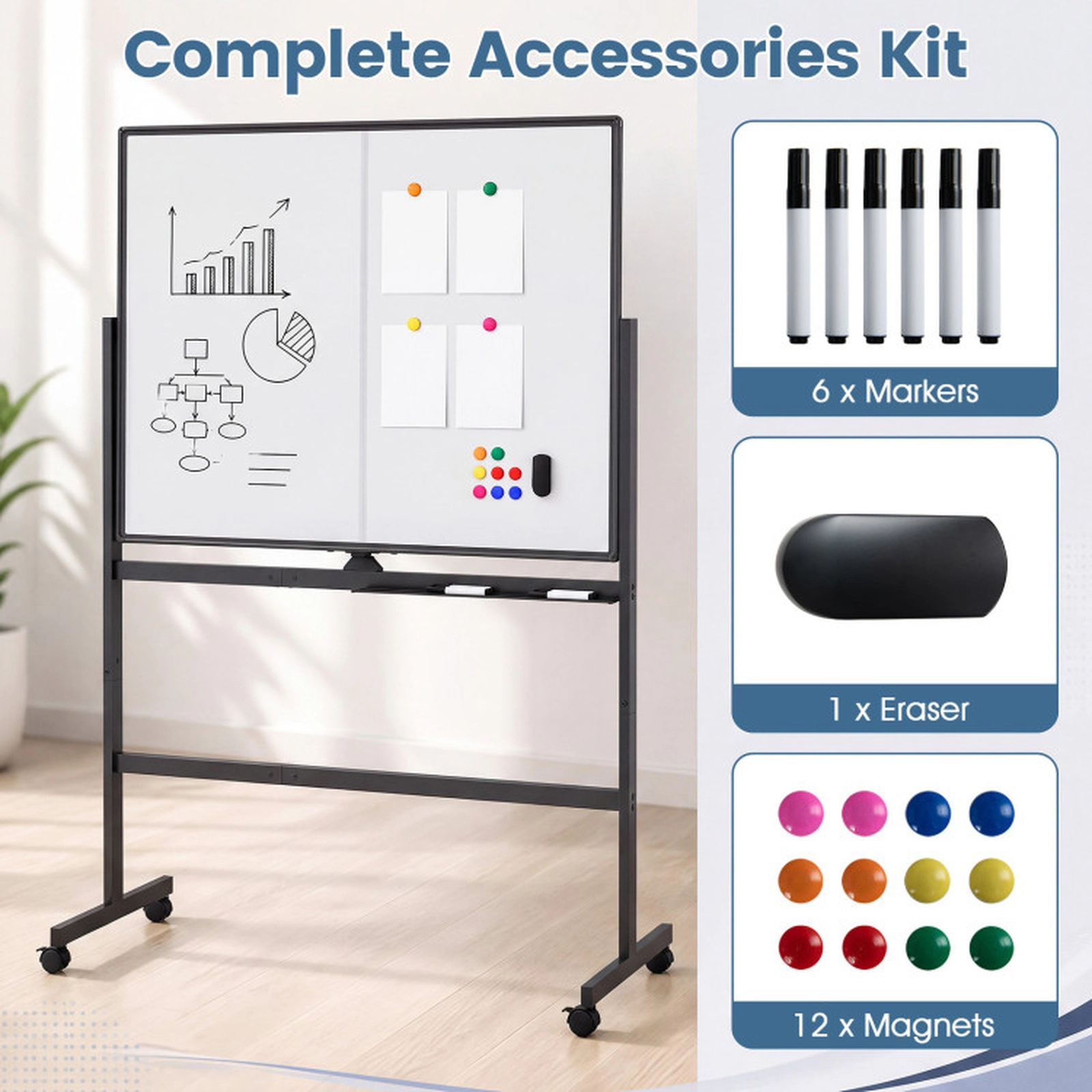 SUGIFT 48 x 36 in Double-Sided Mobile White Board with 360° Rotation Lockable Wheels Black
