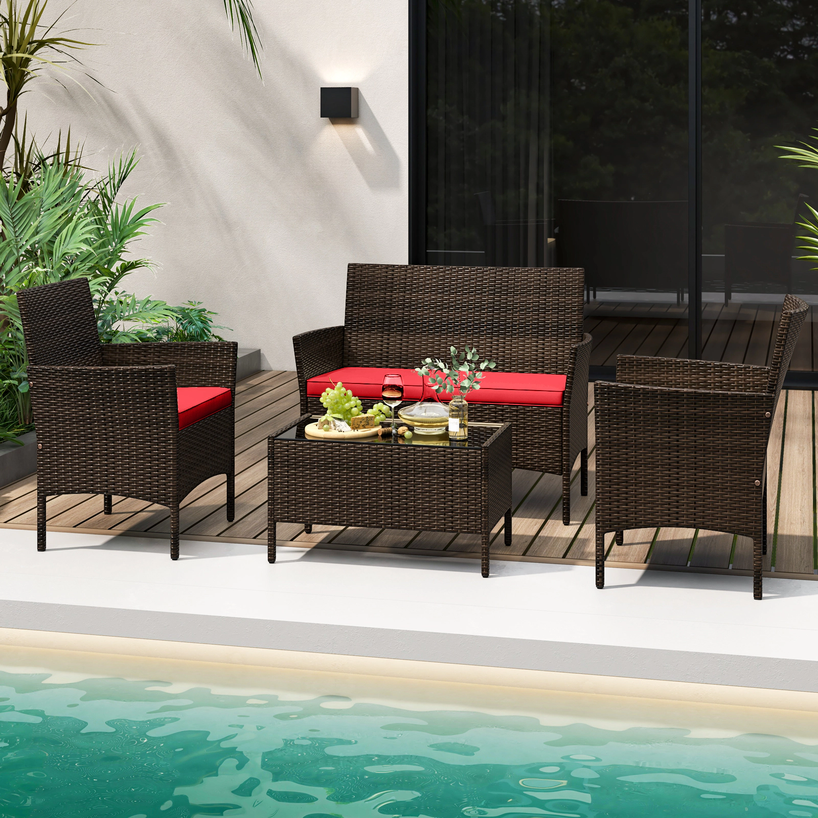 SUGIFT 4-Piece Brown Rattan Patio Conversation Set with Loveseat, 2 Chairs and Glass Table