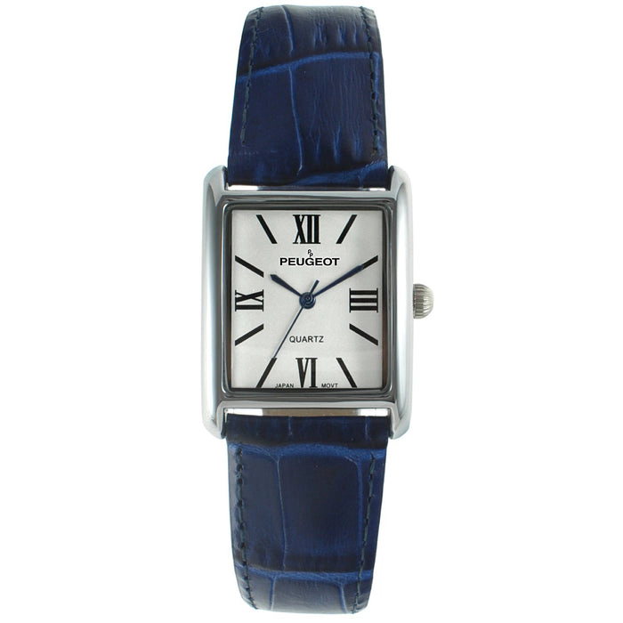 Peugeot Women's Tank Watch Roman Dial Blue Leather Strap