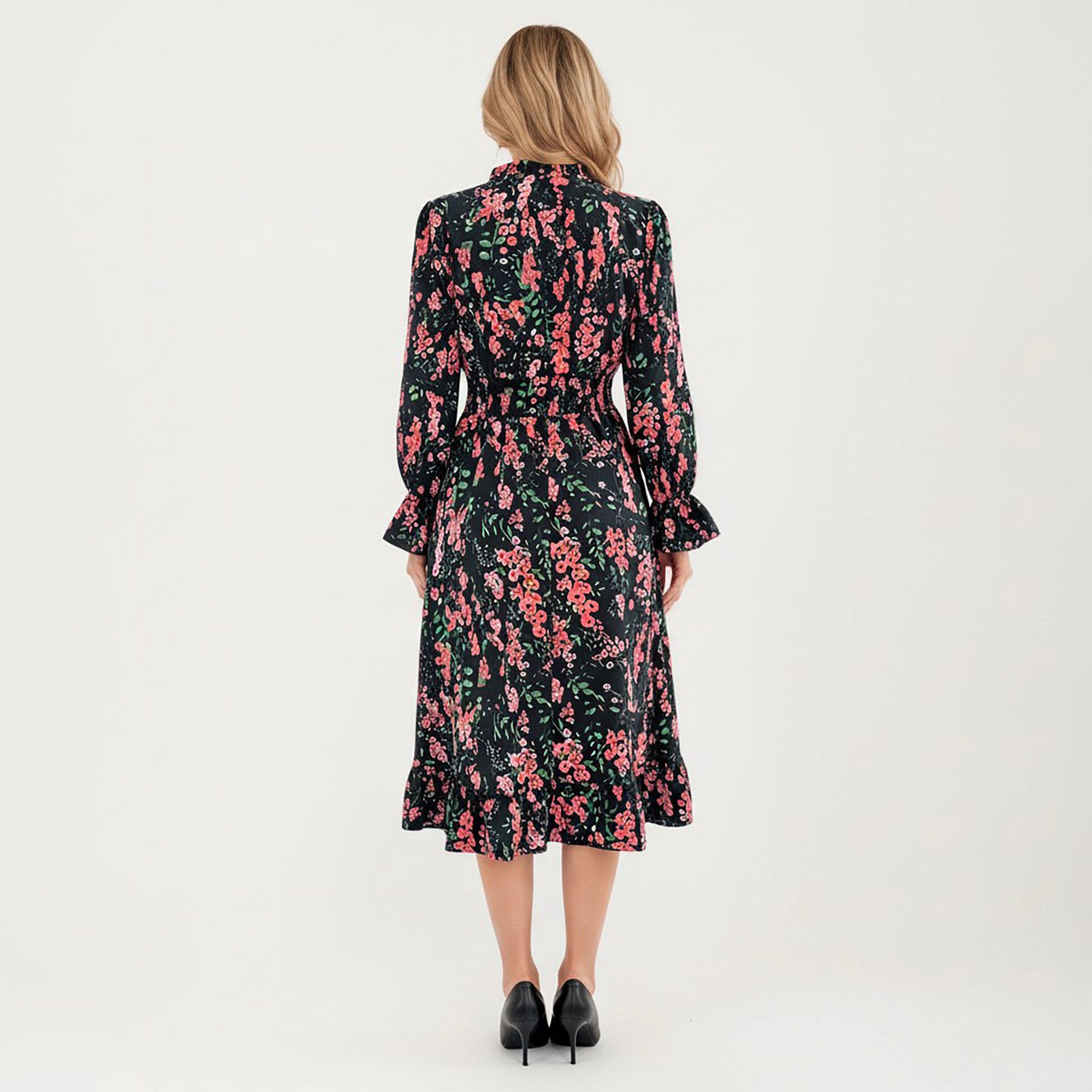 Anna-Kaci Women's Floral Print Smocked Waist Long Sleeve V Neck Ruffle Hem Dress
