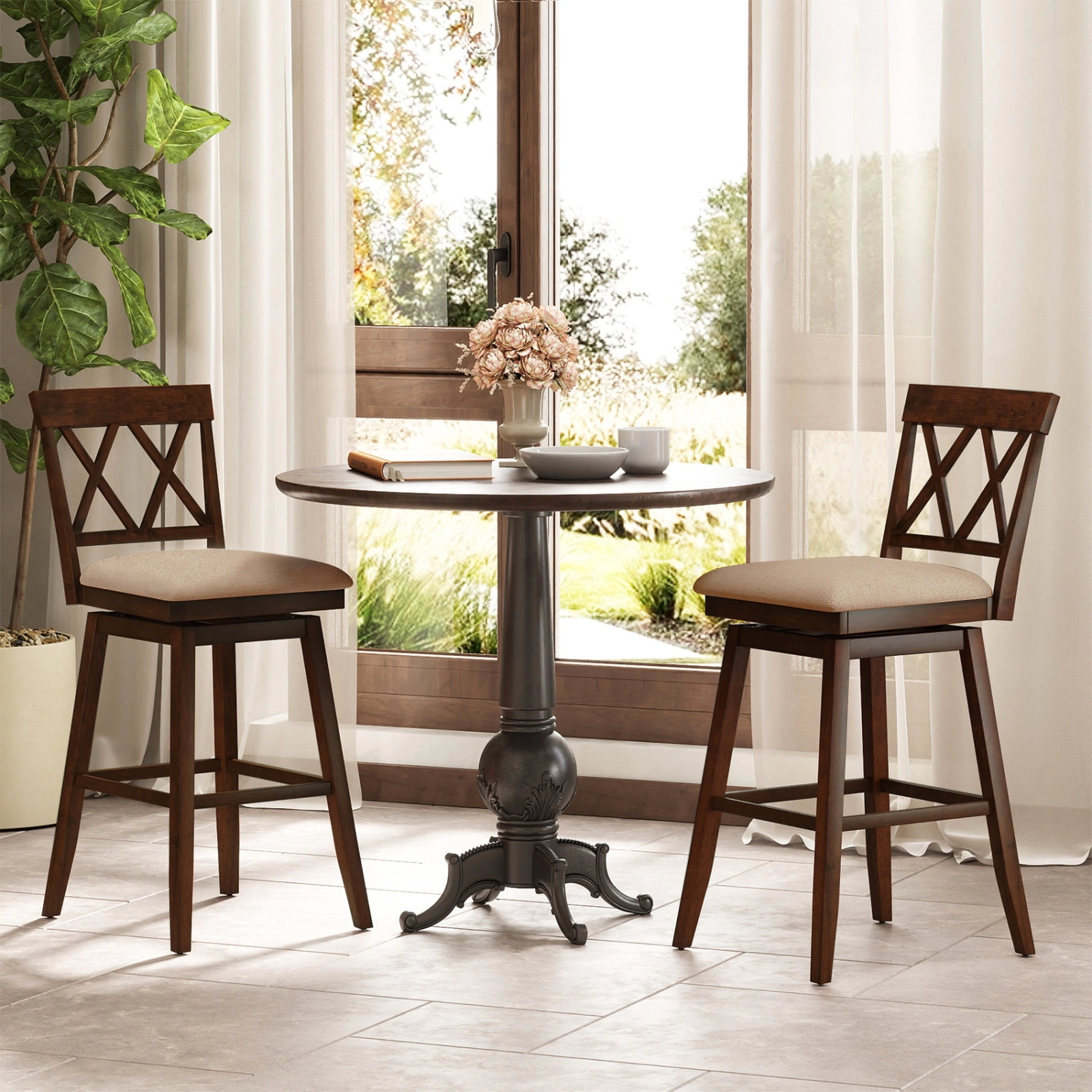 SUGIFT 24-In Counter Height Swivel Bar Stools Set of 4 with Backrest and Upholstered Seat 330-lb Capacity Oak/White