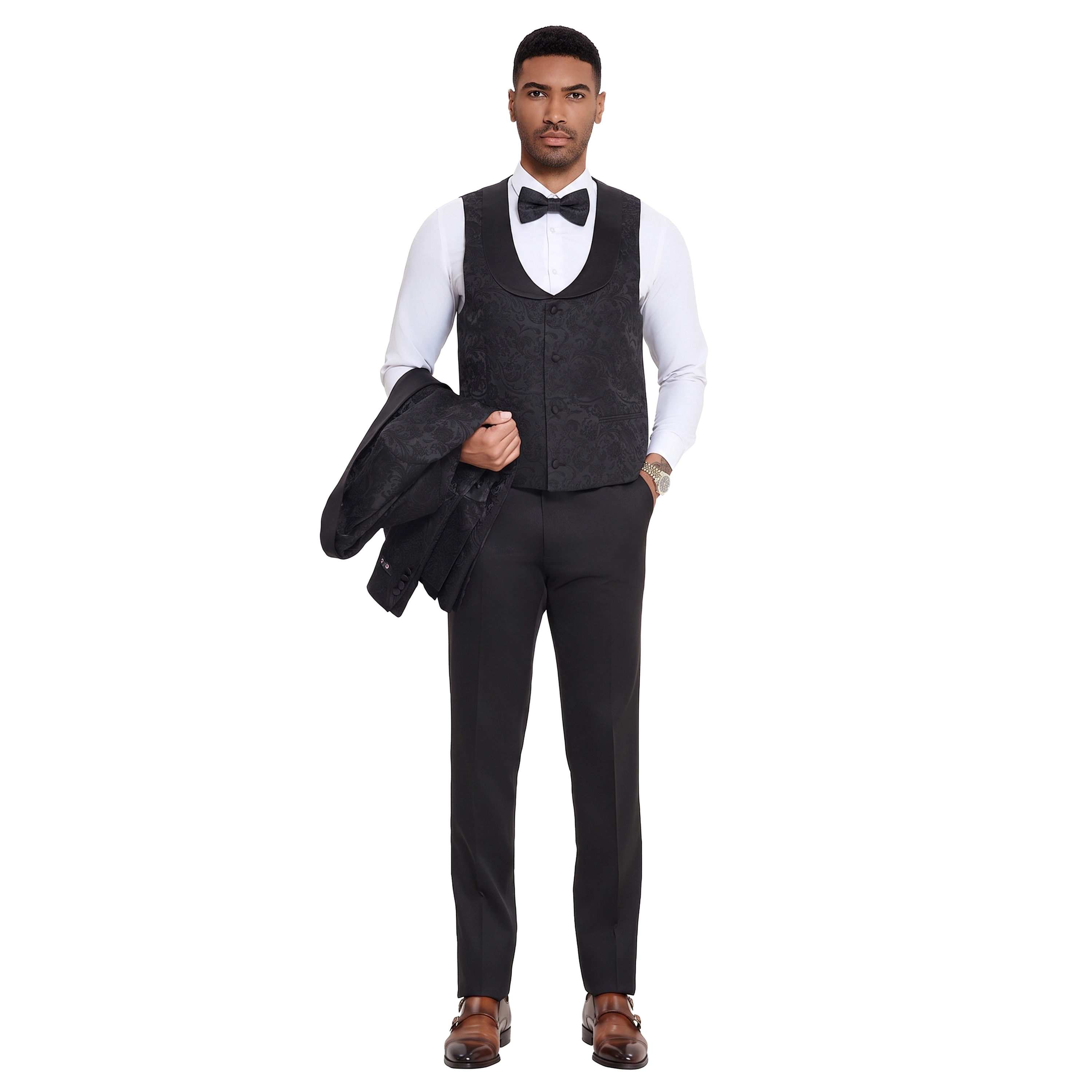 Tazzio Mens Skinny Fit Paisley Jacquard 3pc Suit Set, Matching Bowtie Included