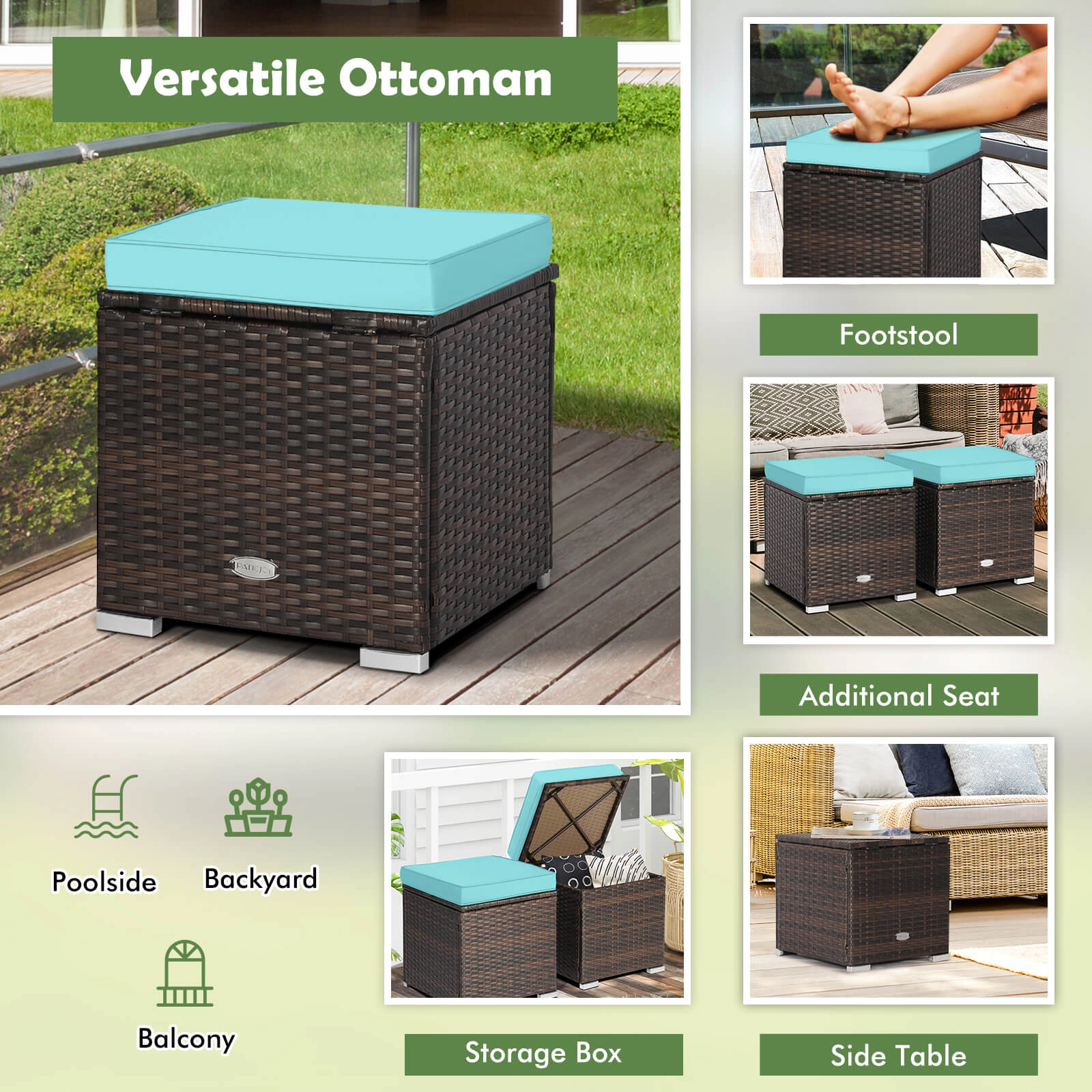 SUGIFT 2-Piece Patio Storage Ottoman Set with Removable Cushions 350-lb Top Capacity Mix Brown Rattan Turquoise